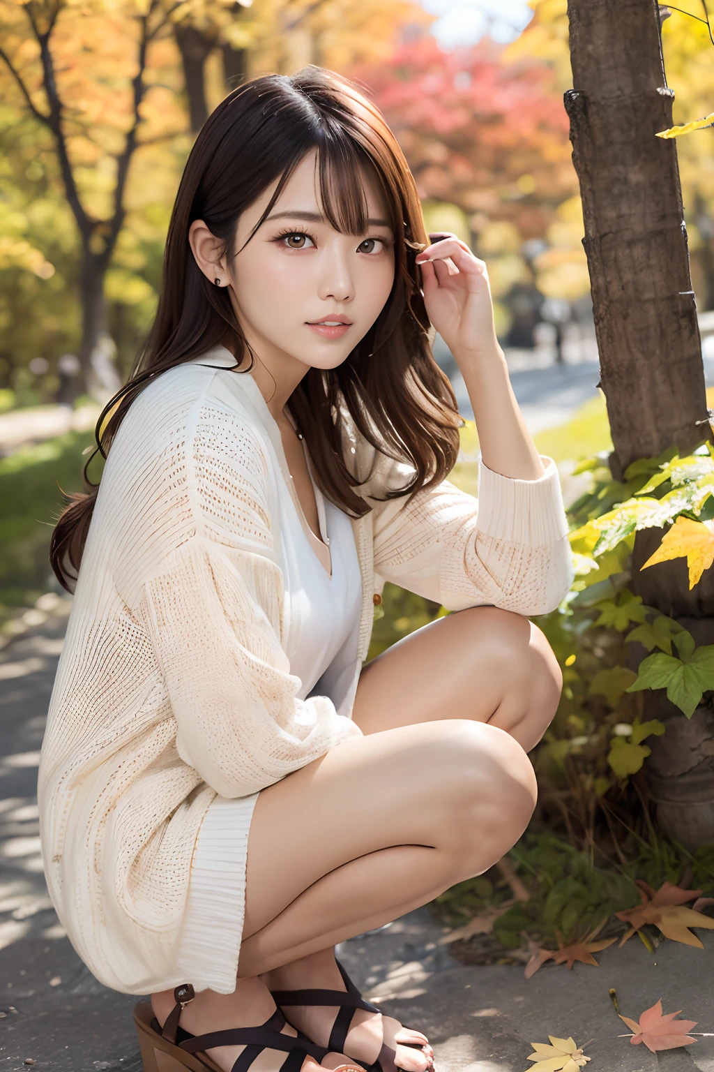(masutepiece:1.3), High resolution, ultra-detailliert, the Extremely Detailed CG Unity 8K Wallpapers, Realistic, Photorealsitic, Raw photo, (beautifull detailed face), pale skin, Realistic skin, Detailed Cloth Texture, detailed hair texture, super model, Beautiful face, acurate, Anatomically correct, Highly detailed face and skin texture, Natural neck length, (Beautiful hands), (Fair skin:1.2), thin legs, Thin feet, Sexy thighs,
BREAK,
Detailed eyes, Symmetrical eyes, Brown eyes, Double eyelids, Thin eyebrows, (Glossy lips:1.4), (Gentle smile:1.2),
BREAK,
(a very pretty girl:1.3), (Wearing a white cardigan over a red sweater dress:1.2), (strap sandals), crouching down,
medium large breasts, (firm breasts, nice shaped breasts, Slender figure:1.1),
(Layered hairstyle, dark brown hair, Wavy Hair), (Medium Long Hair:1.2),
clean legs, (In a row of maple trees:1.2), ((Autumn foliage scenery:1.3)),
((Japanese「kyoto」In the「Lanshan(Langshan)(Langshan)(Langshan)」で:1.2)), (upperbody shot:1.2), ((Looking at Viewer:1.2)), ((from the front side:1.3)),