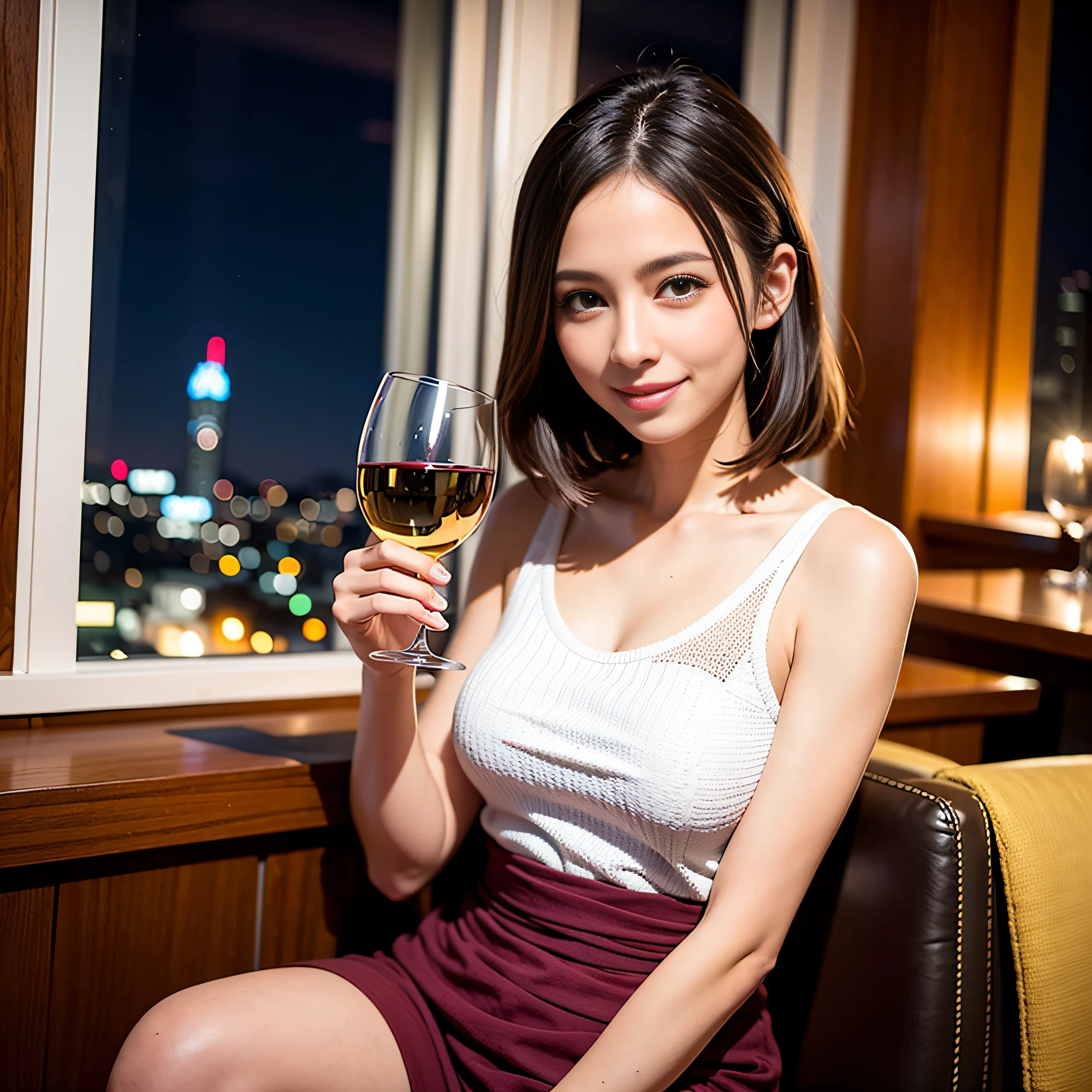(64K, UHD, top quality, masterpiece: 1.2), (realistic, photorealistic: 1.37), super detailed, pretty woman 1 person, (slim face), (slim body), (brown hair), (short cut), cheeks slightly blushing, (44 years old), 38 years old, solo, beautiful detailed urban night view outside the window, restaurant, wine glasses sit, at night, in a prominent placeNovaFrogStyle, Actress, Model, Waist Up, White Wine, Slim, Wine Glass, Super Clean Night View, Wine Glass Put in the Middle, Happy Smile, (Smile: 1.15), Beautiful Fine Eyes, Upper Body, Bust Japan Up, Night, Short, Short, Actress, Model, Waist Up, White Wine, Slim, Wine Glass, Super Clean Night View, Wine Glass Put in the Middle, Happy Smile,