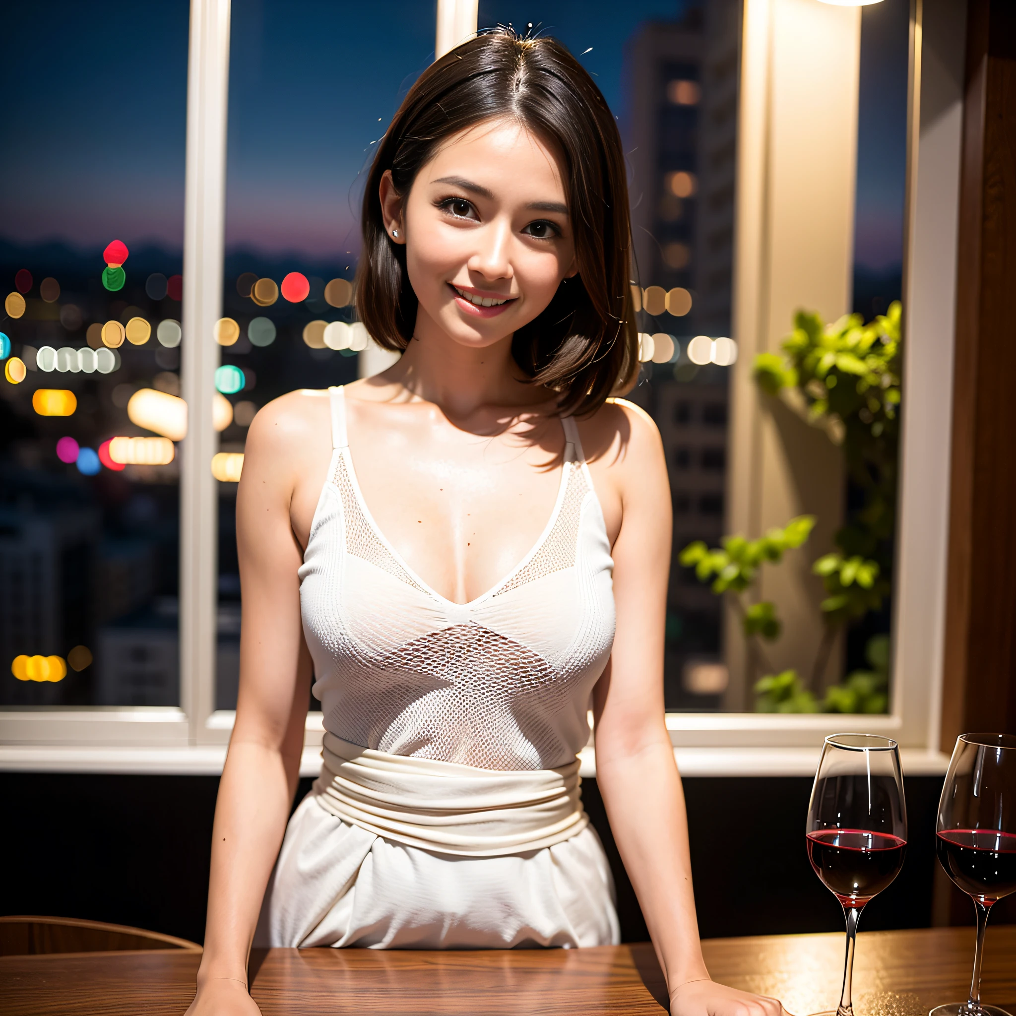 (64K, UHD, top quality, masterpiece: 1.2), (realistic, photorealistic: 1.37), super detailed, pretty woman 1 person, (slim face), (slim body), (brown hair), (short cut), cheeks slightly blushing, (35 years old), 38 years old, solo, beautiful detailed urban night view outside the window, restaurant, wine glasses sit, at night, in a prominent place (from the waist up) NovaFrogStyle, Actress, Model, Waist Up, White Wine, Slim, Wine Glass, Super Clean Night View, Wine Glass Put in the Middle, Happy Smile, (Smile: 1.15), Beautiful Fine Eyes, Upper Body, Bust Japan Up, Night, Short, Short, Actress, Model, Waist Up, White Wine, Slim, Wine Glass, Super Clean Night View, Wine Glass Put in the Middle, Happy Smile,