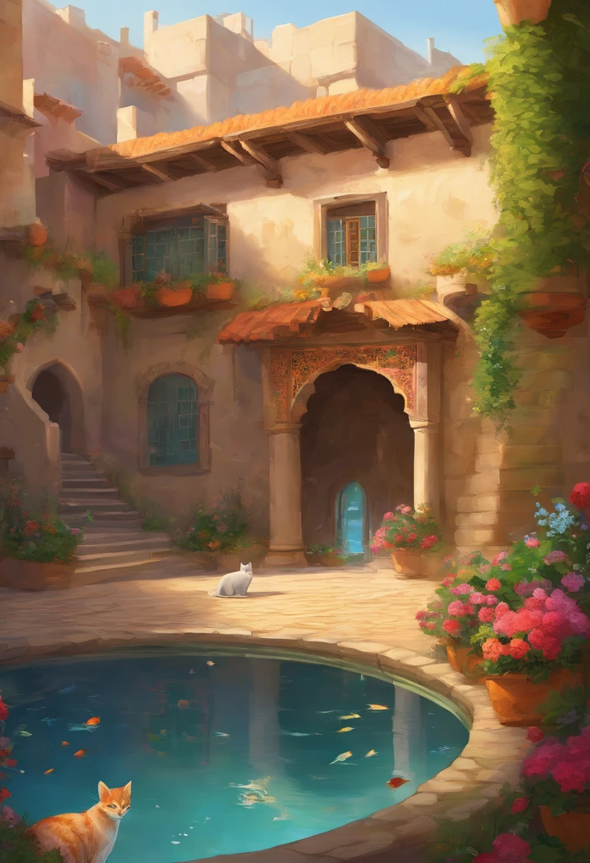 a courtyard in an old Iranian house with mudbrick walls. The house could be made of mudbrick, with a thatched roof In the center of the courtyard is a circular pool of water. On the walls of the pool are small pots of flowers. The flowers in the pots are in bloom, Inside the pool, several red fish swim. The cat is sitting on the edge of the pool, its tail curled around its paws. It is looking into the pool, watching the fish swim. Around the courtyard is a garden of flowers
