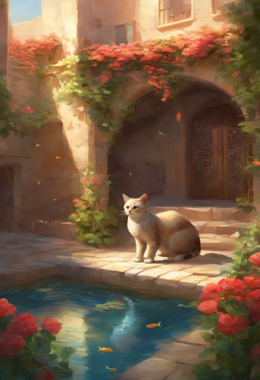 a courtyard in an old Iranian house with mudbrick walls. The house could be made of mudbrick, with a thatched roof In the center of the courtyard is a circular pool of water. On the walls of the pool are small pots of flowers. The flowers in the pots are in bloom, Inside the pool, several red fish swim. The cat is sitting on the edge of the pool, its tail curled around its paws. It is looking into the pool, watching the fish swim. Around the courtyard is a garden of flowers