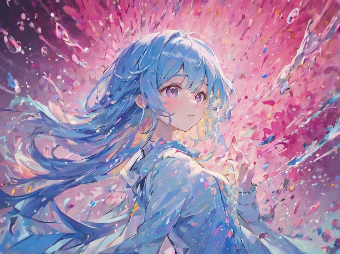 (Masterpiece, Best Quality, High Resolution), White Background, Acrylic Paint, ((Color Splash, Splash of Ink, Color Splash)), Sweet Chinese Girl, Long Light Blue Hair, [Light Blue|Pink] Hair, Curly Hair, Glitter, Peach Lips, White Shirt, Front, Upper Body