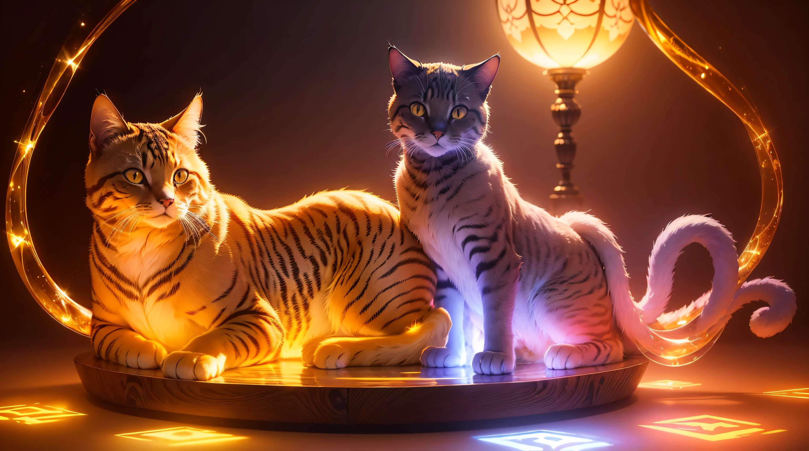 magnificent cat, its entire form bathed in a translucent glow of vibrant color, and its body adorned with complex, amber-like patterns of light.