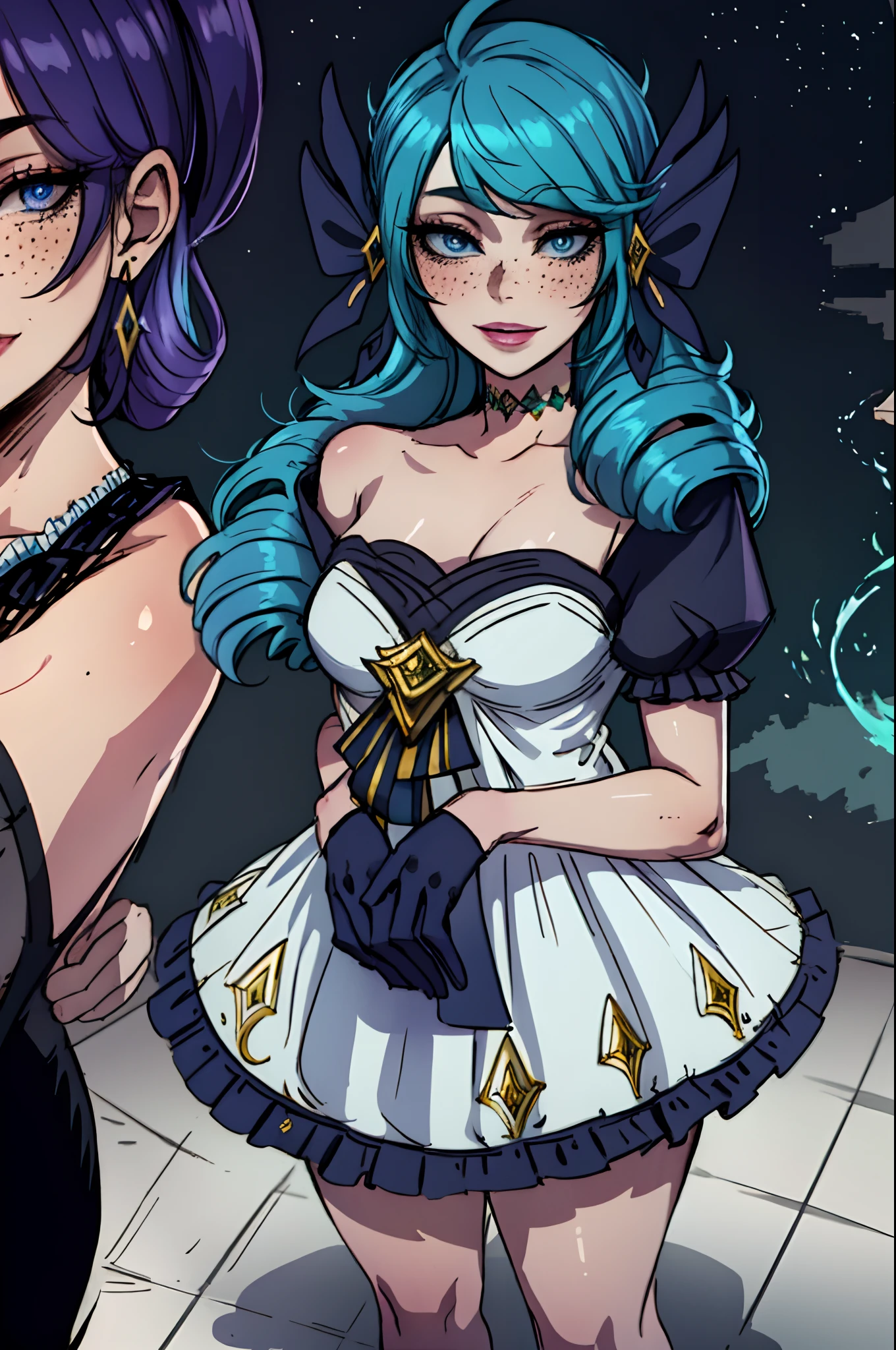 1girl, black bow, black gloves, black legwear, blue eyes, blue hair, bow, collarbone, drill hair,gloves, gwen\(league of legends\), hair ornament, highres, league of legends, long hair, split lips, swollen sleeves, pink pupils, smile, solo, x, x hair ornament, large breasts, indoors, half_naked, (((ahegao))), (((micro bikini))), naughty look, naughty smile,