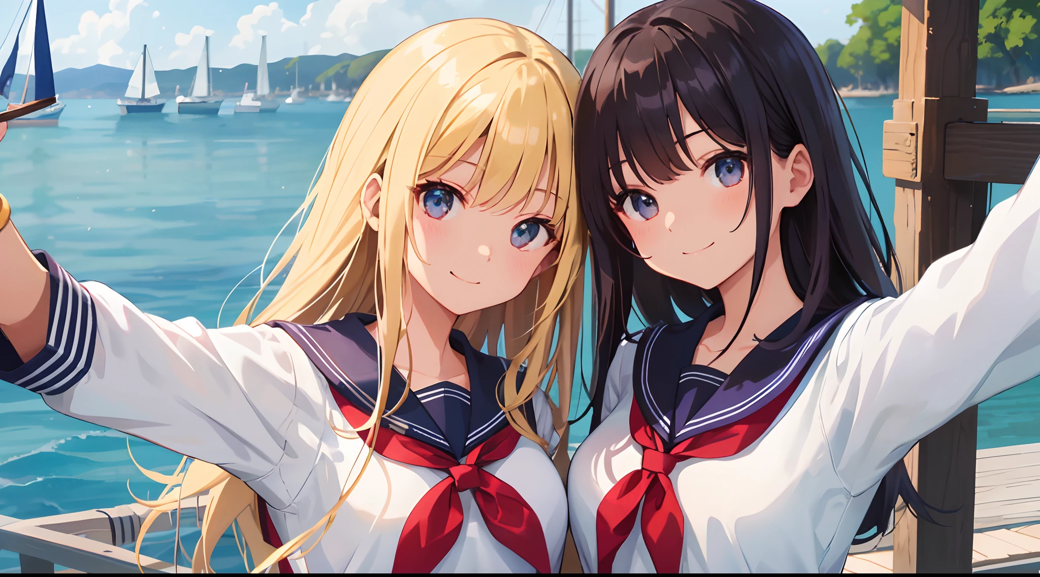 ​masterpiece、top-quality、detaile、hight resolution、extremely delicate and beautiful、simple background、upper body closeup、beutiful breast、hi-school girl、a sailor suit、校服、student clothes、Smile、multiple female、5 women、4 females、7 Women、selfee、Photo booth