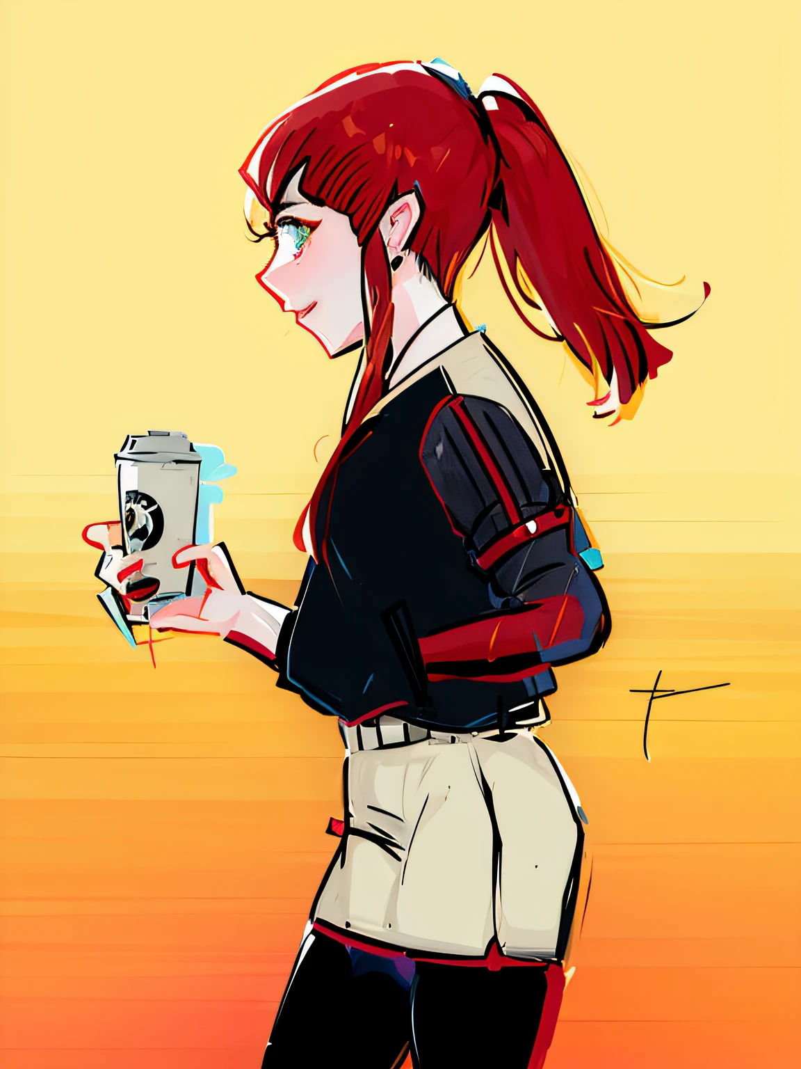 Caricature of a woman holding a cup of coffee and a drink, mysterious coffee shop girl, colored sketch, in an anime style, urban girl fanart, checking her phone, drinking a coffee, Drinking coffee, In anime style, cel-shaded:15, in a coffee shop, Starbucks, cel - shaded art style, subtle anime style, inspired by Maki Haku,k hd,8K