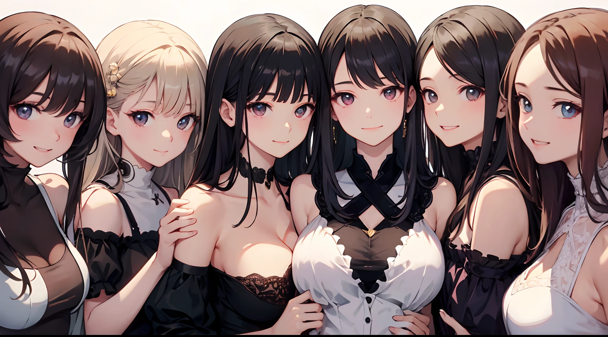 masterpiece、top-quality、detaile、hight resolution、extremely delicate and beautiful、simple background、upper body closeup、beutiful breast、Smile、multiple female、5 women、4 females、7 Women、off shoulders