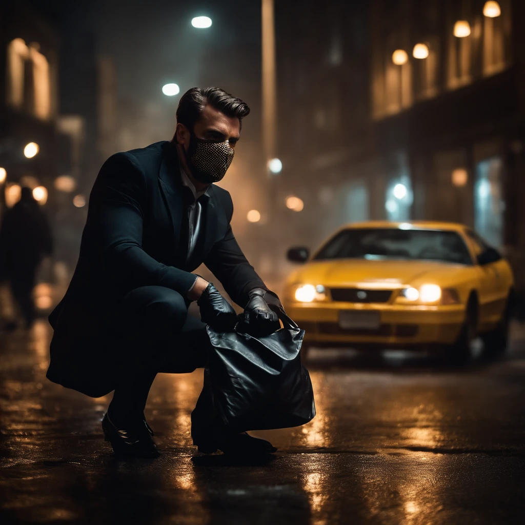 (best quality,4k,8k,highres,masterpiece:1.2),ultra-detailed,(realistic,photorealistic,photo-realistic:1.37),bank robber holding a bag of money,masked criminal,fierce expression,blurry background,motion blur,shadows and highlights,high contrast lighting,dark and mysterious,expensive suit,detailed facial features,shiny leather gloves,suspicious stance,nighttime heist,city skyline in the background,glimmering neon lights,city lights reflecting on wet pavement,heavy rain pouring down,city atmosphere,stealthy escape,speeding getaway car,swerving through traffic,city lights streaking past,high tension,adrenaline rush,illegal actions,thrilling chase scene,action-packed,heist in progress,stacks of cash,piles of gold bars,luxury lifestyle,intense emotions,fast-paced,nighttime crime,criminal mastermind,precise planning,dangerous and exciting,explosive ending,movie-like aesthetics,crime noir style,vivid colors,contrast enhancement,moody atmosphere,elevated suspense,perfect composition