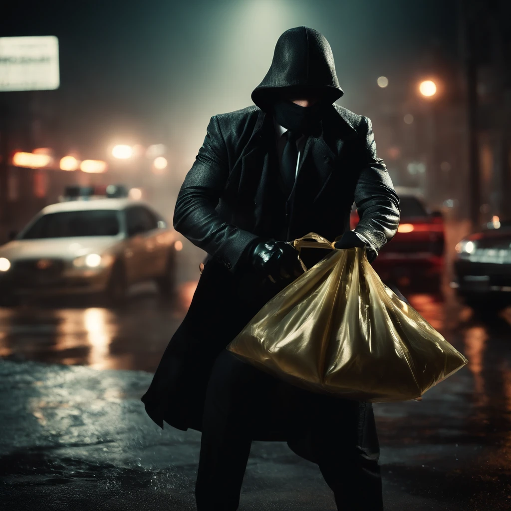 (best quality,4k,8k,highres,masterpiece:1.2),ultra-detailed,(realistic,photorealistic,photo-realistic:1.37),bank robber holding a bag of money,masked criminal,fierce expression,blurry background,motion blur,shadows and highlights,high contrast lighting,dark and mysterious,expensive suit,detailed facial features,shiny leather gloves,suspicious stance,nighttime heist,city skyline in the background,glimmering neon lights,city lights reflecting on wet pavement,heavy rain pouring down,city atmosphere,stealthy escape,speeding getaway car,swerving through traffic,city lights streaking past,high tension,adrenaline rush,illegal actions,thrilling chase scene,action-packed,heist in progress,stacks of cash,piles of gold bars,luxury lifestyle,intense emotions,fast-paced,nighttime crime,criminal mastermind,precise planning,dangerous and exciting,explosive ending,movie-like aesthetics,crime noir style,vivid colors,contrast enhancement,moody atmosphere,elevated suspense,perfect composition