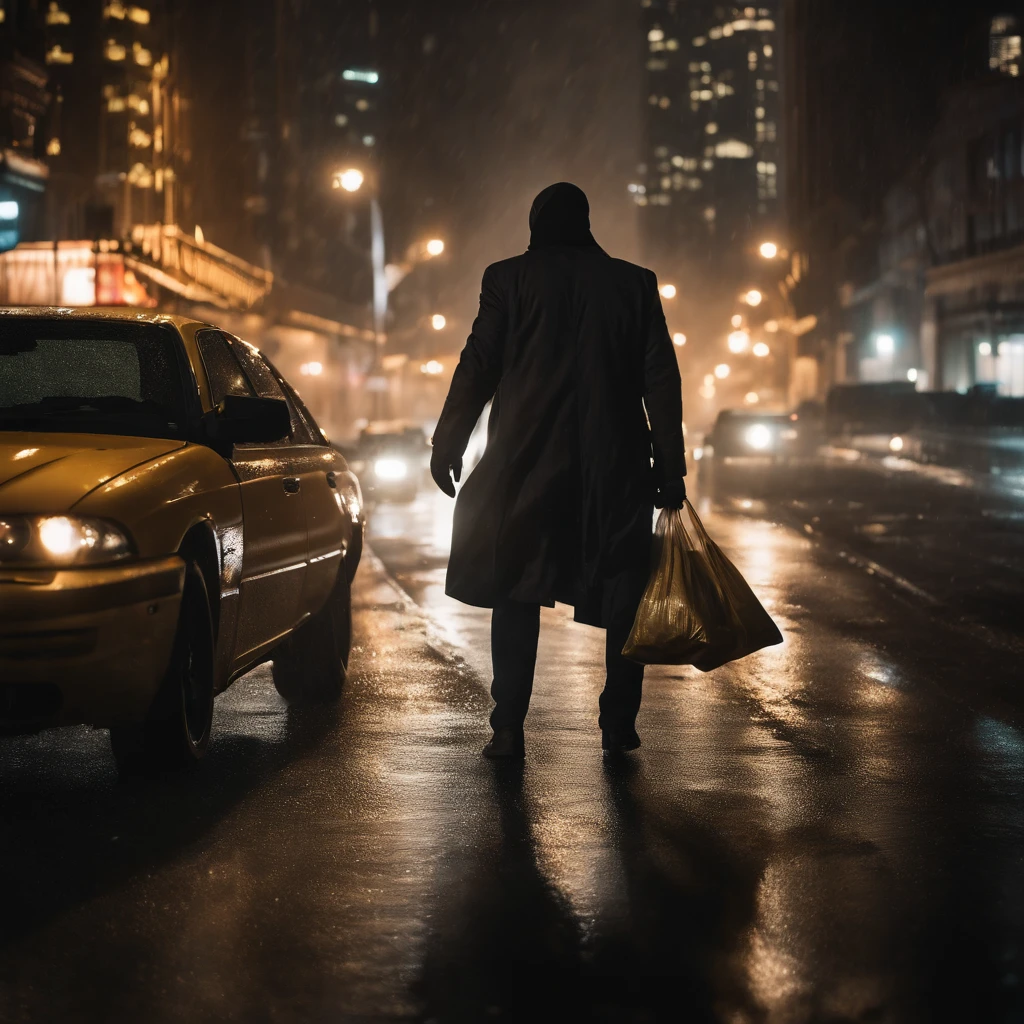 (best quality,4k,8k,highres,masterpiece:1.2),ultra-detailed,(realistic,photorealistic,photo-realistic:1.37),bank robber holding a bag of money,masked criminal,fierce expression,blurry background,motion blur,shadows and highlights,high contrast lighting,dark and mysterious,expensive suit,detailed facial features,shiny leather gloves,suspicious stance,nighttime heist,city skyline in the background,glimmering neon lights,city lights reflecting on wet pavement,heavy rain pouring down,city atmosphere,stealthy escape,speeding getaway car,swerving through traffic,city lights streaking past,high tension,adrenaline rush,illegal actions,thrilling chase scene,action-packed,heist in progress,stacks of cash,piles of gold bars,luxury lifestyle,intense emotions,fast-paced,nighttime crime,criminal mastermind,precise planning,dangerous and exciting,explosive ending,movie-like aesthetics,crime noir style,vivid colors,contrast enhancement,moody atmosphere,elevated suspense,perfect composition