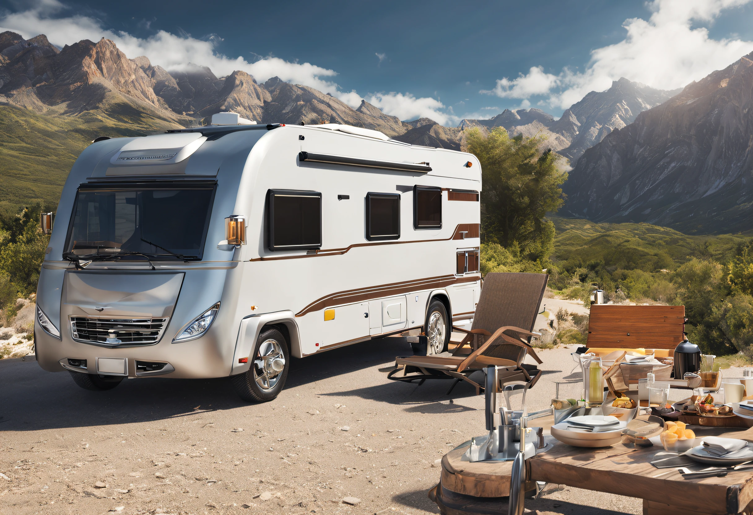 high resolution, masterpiece: 1.2, realistic, ultra-detailed, artistic, 4k, photorealistic, professional, sharp focus, physically based rendering, beautifully composed Motorhome, luxurious, modern, spacious and comfortable, exterior with elegant design, satellite dish on the roof, large windows, chrome details, wide tires, shiny metallic paint, epic landscape in the background, open road leading to the mountains, the adventure awaits you, family trip, great getaway, quiet camping, roadside jungle, tropical trees, blue sky, lush green grass, barbecue party, cover installed outside the RV, chairs and table scattered everywhere ,smoke coming out of the grill, a family gathering, laughing and enjoying the moment,