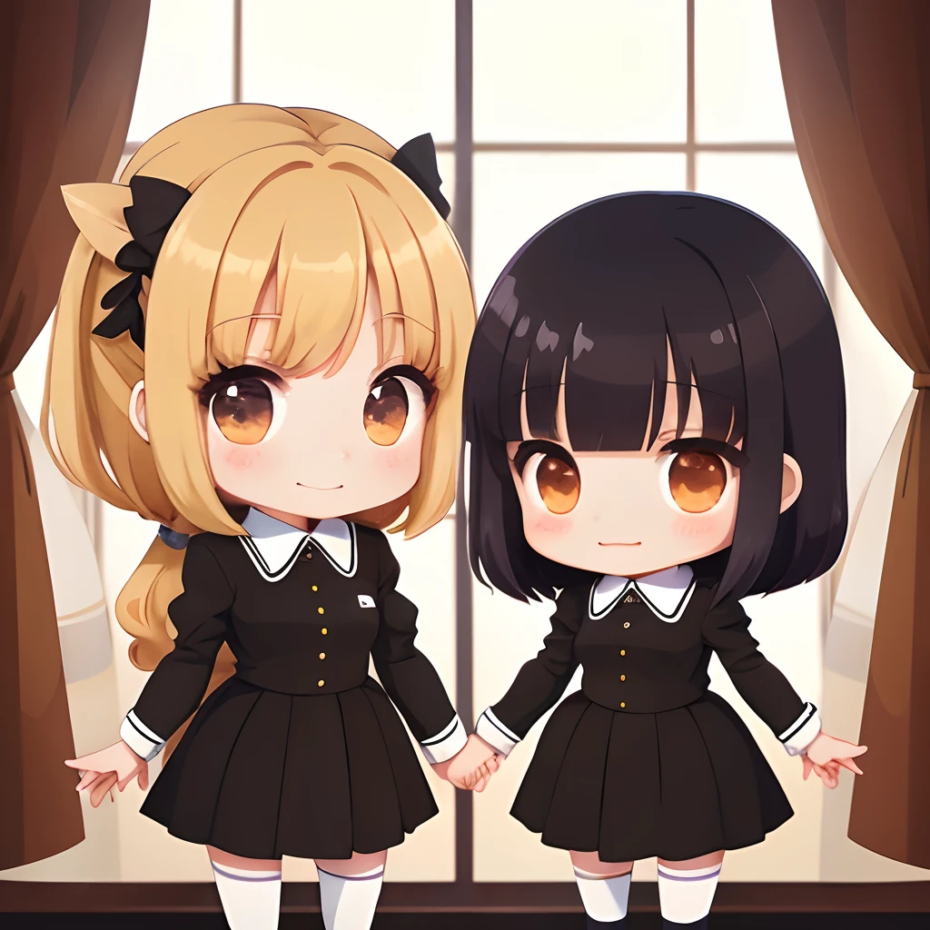 Two anime girls. One with brown curtain bangs and the other with black curtain bangs, they both have brown long sleeve uniforms, the style of the art is anime chibi?