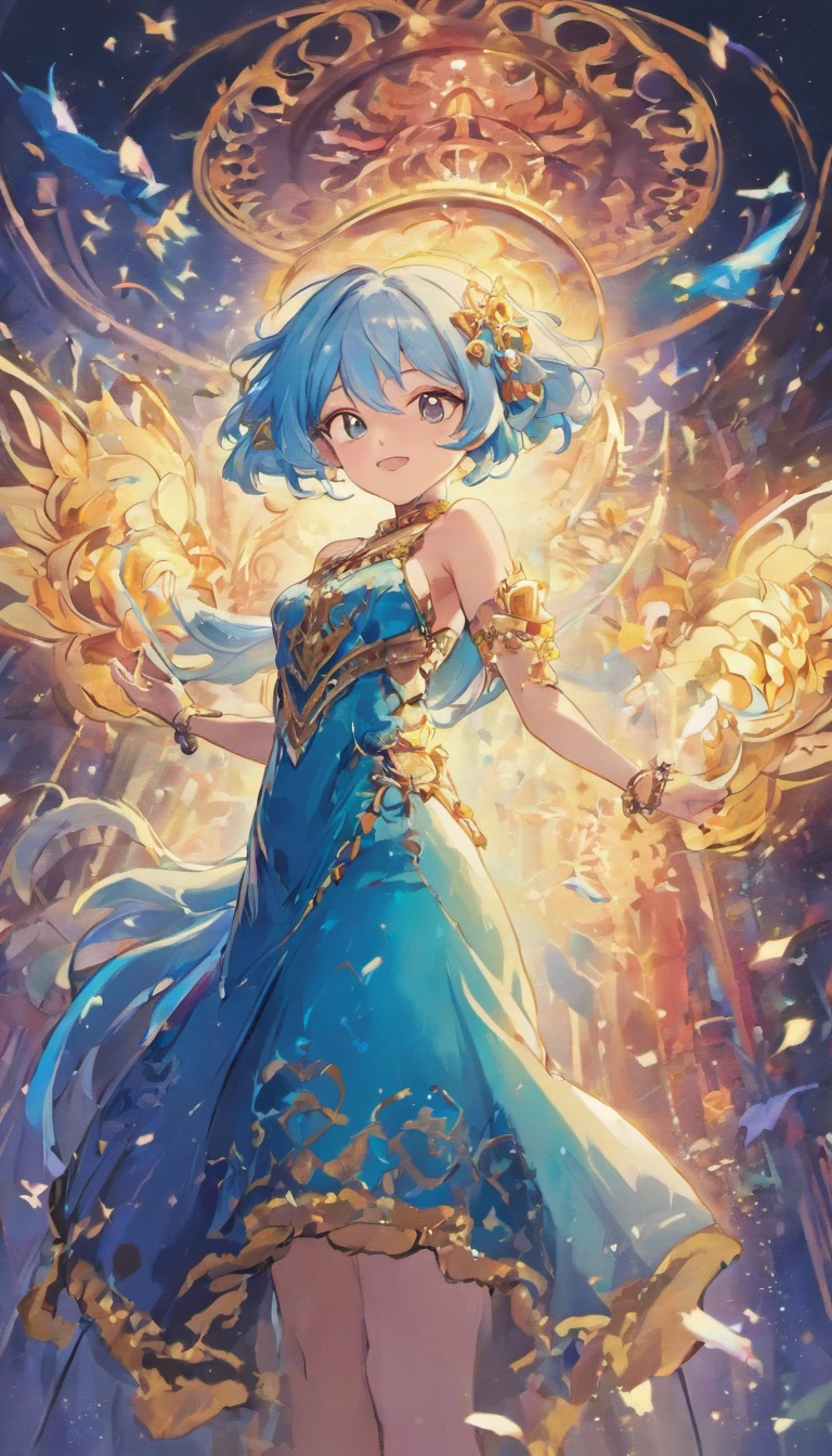 masutepiece, Best Quality, Beautiful, Happy adult princess, Light blue hair, Wearing a flowing dress in rich shades of black and royal blue, Decorated with intricate patterns suggesting a connection to ancient magic, Reflection of her enigmatic nature, Smile confidentially, Wearing a jewel necklace, Magic Bracelet, Marvelous Crown, Works with brilliant texture, Purple pants,