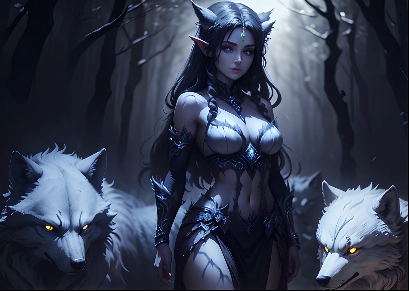 Dark dryad standing in the forest with pack of wolf behind her. Her eyes are dark and the forest is dark