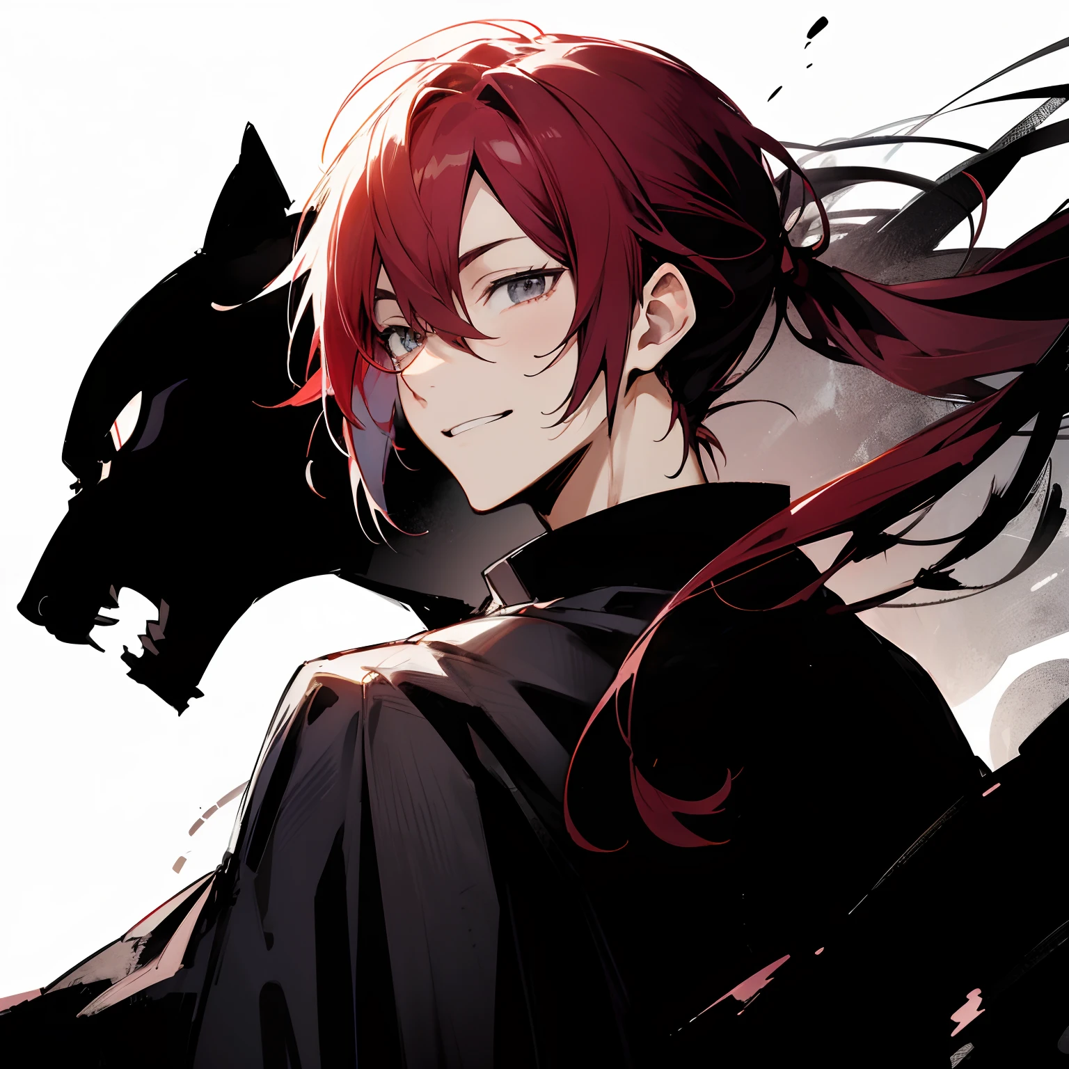 Japanese anime, beautiful young man, RED hair, grey eyes, shoulder length hair, low ponytail, cool black outfit, sharp eyes, grinning, silhouette of black panther behind him, oblique upper angle,high quality, amount of drawing, pixiv illustration