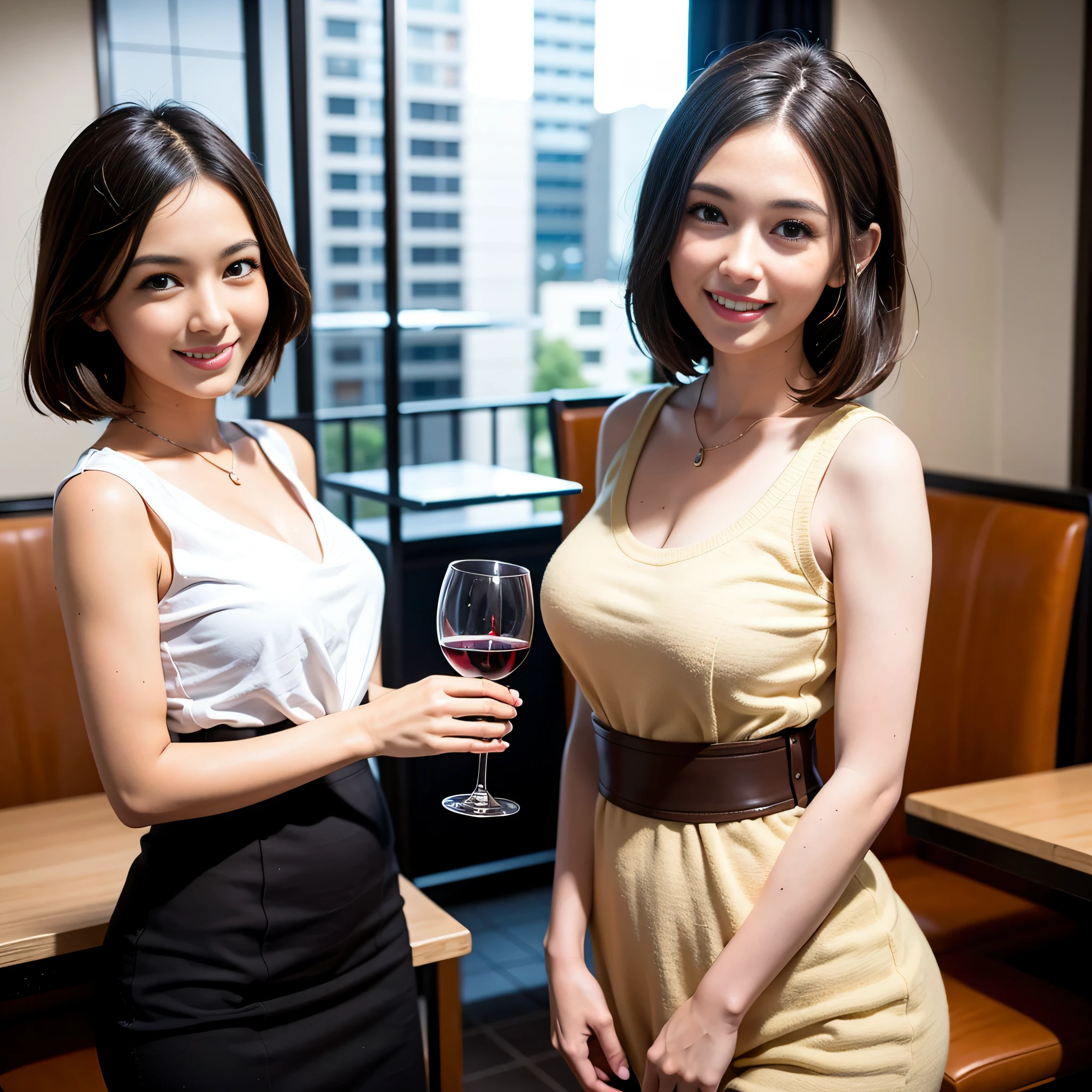 (64K, UHD, top quality, masterpiece: 1.2), (realistic, photorealistic: 1.37), super detailed, pretty woman 1 person, (slim face), (slim body), (brown hair), (short cut), cheeks slightly blushing, (35 years old), 38 years old, solo, beautiful detailed urban night view outside the window, restaurant, wine glasses sit, at night, in a prominent place (from the waist up) NovaFrogStyle, Actress, Model, Waist Up, White Wine, Slim, Wine Glass, Super Clean Night View, Wine Glass Put in the Middle, Happy Smile, (Smile: 1.15), Beautiful Fine Eyes, Upper Body, Bust Japan Up, Night, Short, Short, Actress, Model, Waist Up, White Wine, Slim, Wine Glass, Super Clean Night View, Wine Glass Put in the Middle, Happy Smile,