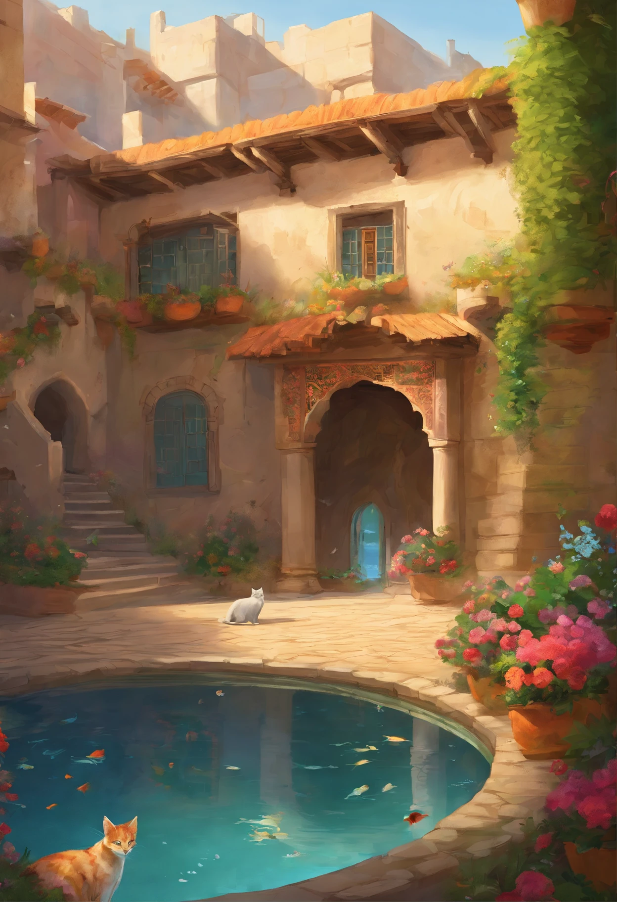 a courtyard in an old Iranian house with mudbrick walls. The house could be made of mudbrick, with a thatched roof In the center of the courtyard is a circular pool of water. On the walls of the pool are small pots of flowers. The flowers in the pots are in bloom, Inside the pool, several red fish swim. The cat is sitting on the edge of the pool, its tail curled around its paws. It is looking into the pool, watching the fish swim. Around the courtyard is a garden of flowers