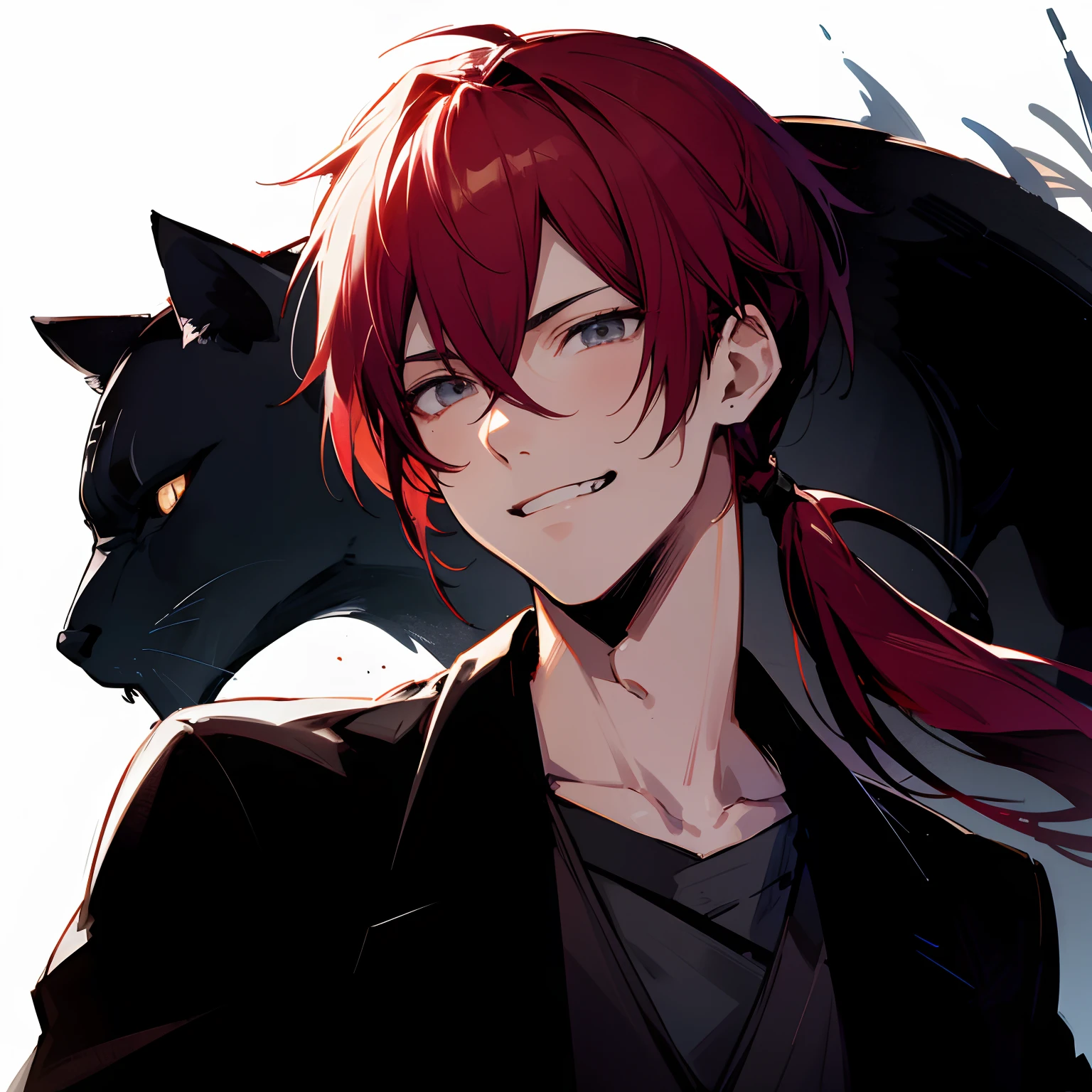 Japanese anime, beautiful young man, RED hair, grey eyes, shoulder length hair, low ponytail, cool black outfit, sharp eyes, grinning, silhouette of black panther behind him, oblique upper angle,high quality, amount of drawing, pixiv illustration