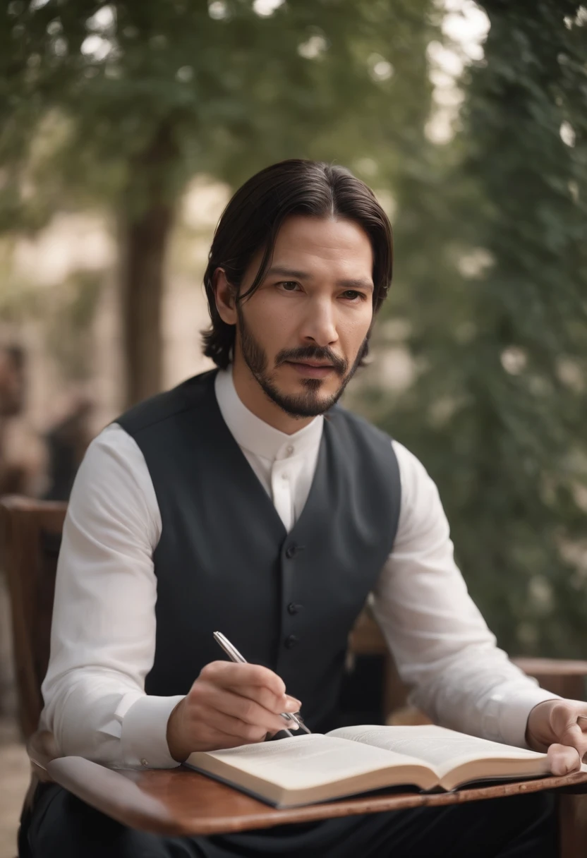 Masterpiece, Best quality, {Best quality}, {{Masterpiece}}, {A high resolution}, {{{field field}}, extremely detailed Muslim John Wick reading a Quran, illustration, Sharp focus, Male focusBlack hair, Violet eyes, Sun, Sunlight, Lifting, Surprised, envy, Orange sky, tee shirt, Expressionless