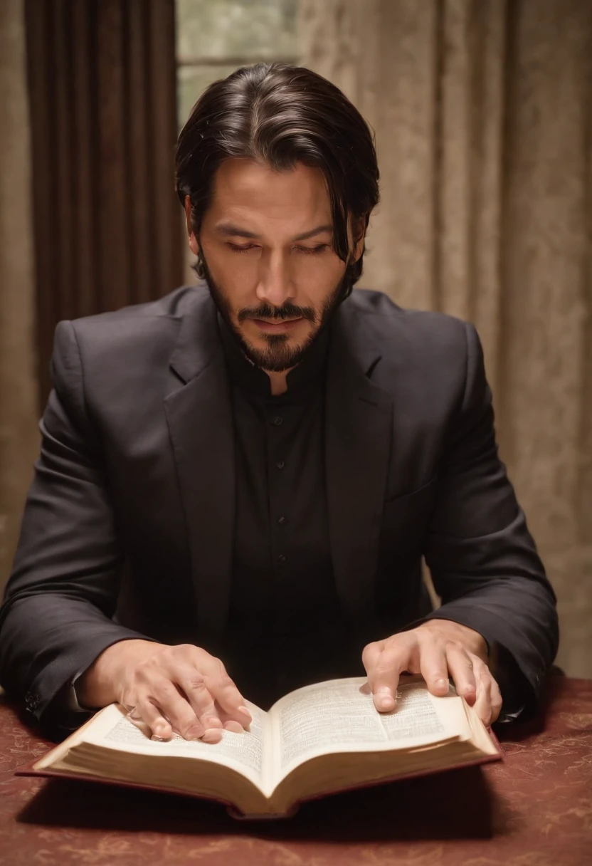 Masterpiece, Best quality, {Best quality}, {{Masterpiece}}, {A high resolution}, {{{field field}}, extremely detailed Muslim John Wick reading a Quran, illustration, Sharp focus, Male focusBlack hair, Violet eyes, Sun, Sunlight, Lifting, Surprised, envy, Orange sky, tee shirt, Expressionless