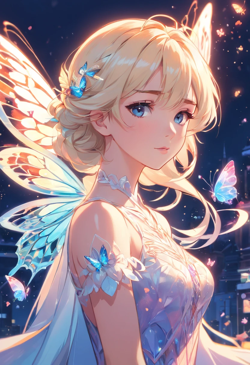 Holy Light Butterfly Angel Girl,Butterfly wings,Chest shooting(mcu),in the style of rococo pastel hues,light white and light red,Incredibly beautiful,SakuraNS,sparkling water reflections,combine,Flowing,hyper realisitc,painting of a,aethereal,Elsa Burda,stockphoto,Elements of mixed reality and fantasy,Ray traching,Intricate patterns,delicate linework,Pressed crystals,Exquisite hands