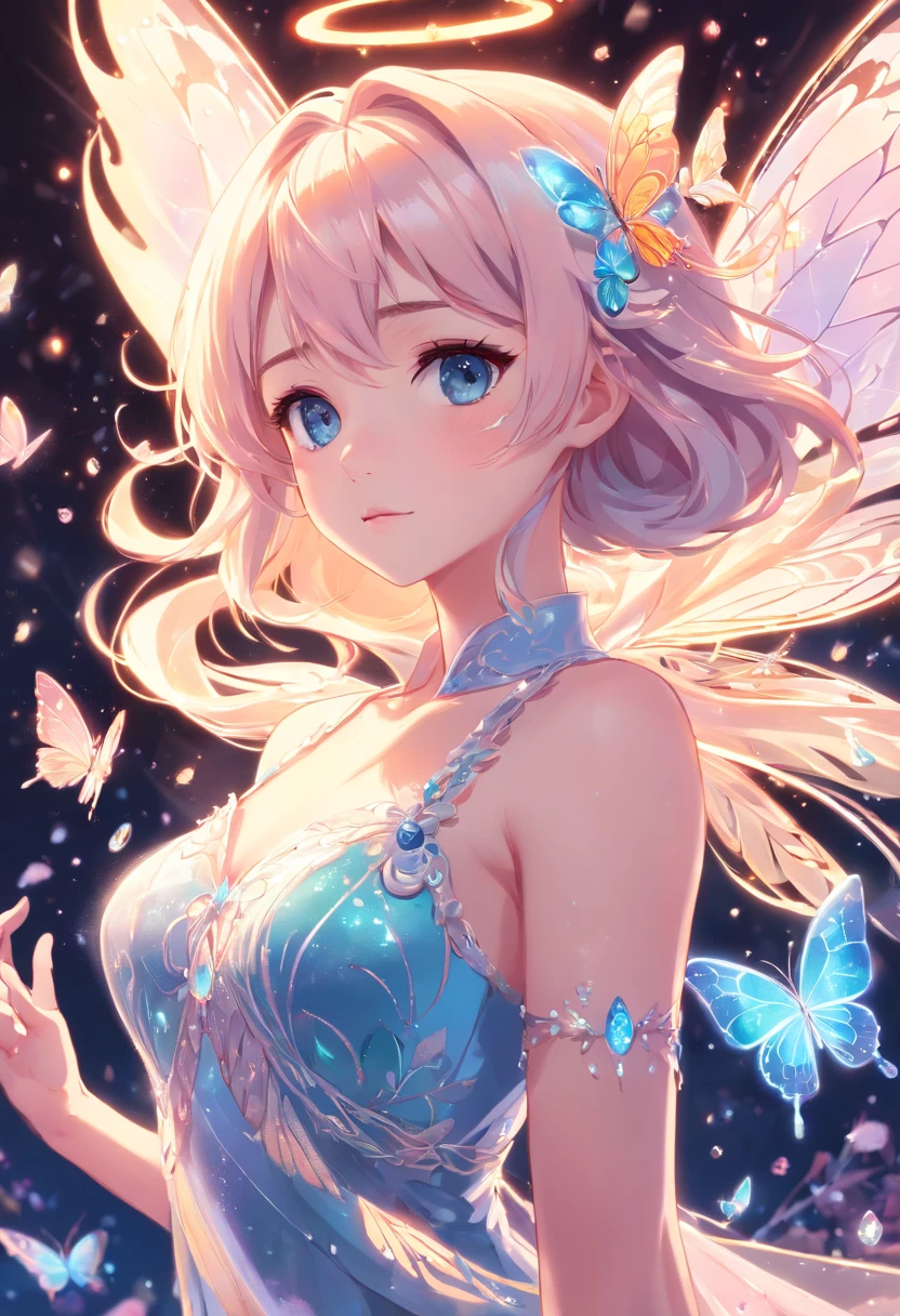 A blue-eyed blonde with cute curls and blue wings that transition into the color of a butterfly