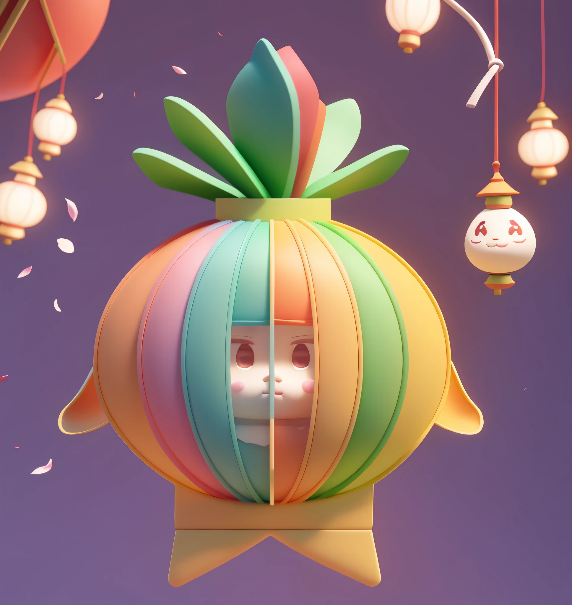 A cartoon character with petals on his head and onions, japanese mascot, lantern, vibrant with colors, yoshitaka, cute character, Middle metaverse, inspired by Masamitsu Ōta, Chinese lanterns, 中 国 鬼 节, dim lantern, cartoonish vector style,  Clay material Morandi color matching blind box IP image 3D rendering C4D modeling gloss