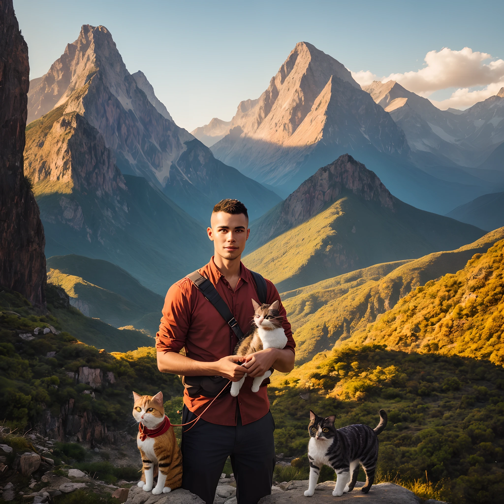 male people,brush cut,Mountains as the background,Holding a puppet cat in his hand