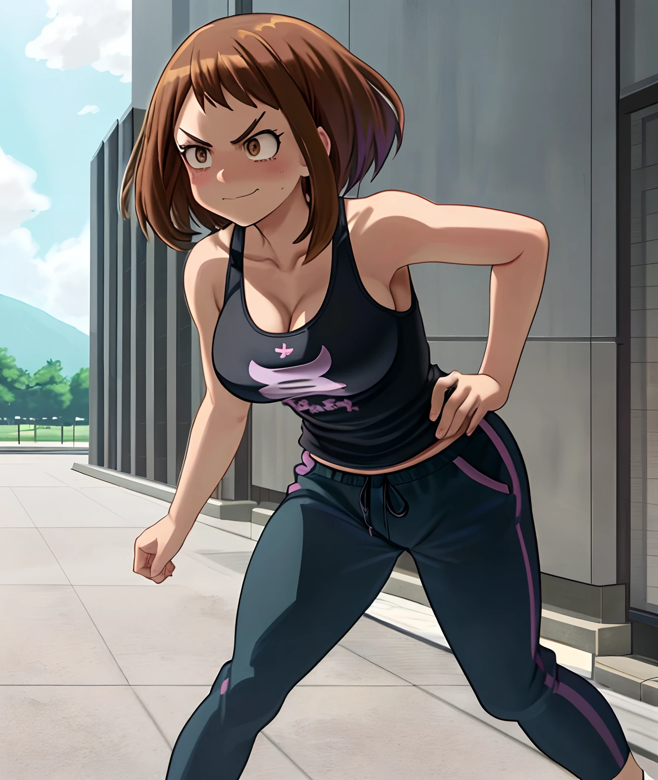 [ochako uraraka], [Boku no hero academia], ((masterpiece)), ((HD)), ((high quality)), ((solo portrait)), ((front view)), ((full body)), ((anime)), ((Kohei Horikoshi)), ((detailed shading)), ((cel shading)), ((intricate details)), ((cinematic lighting)), {ochako, (rosy cheeks), big round brown eyes, short brown hair, short eyelashes, large boobs, (gorgeous hips), (beautiful legs), (angry), (smug smirk)}, {(black tank top), (blue sweatpants), (pink sneakers)}, {(standing), (hand on hip), (dynamic pose), (looking ahead)}, [Background; (park), (grass), (blue sky), (sun rays)]