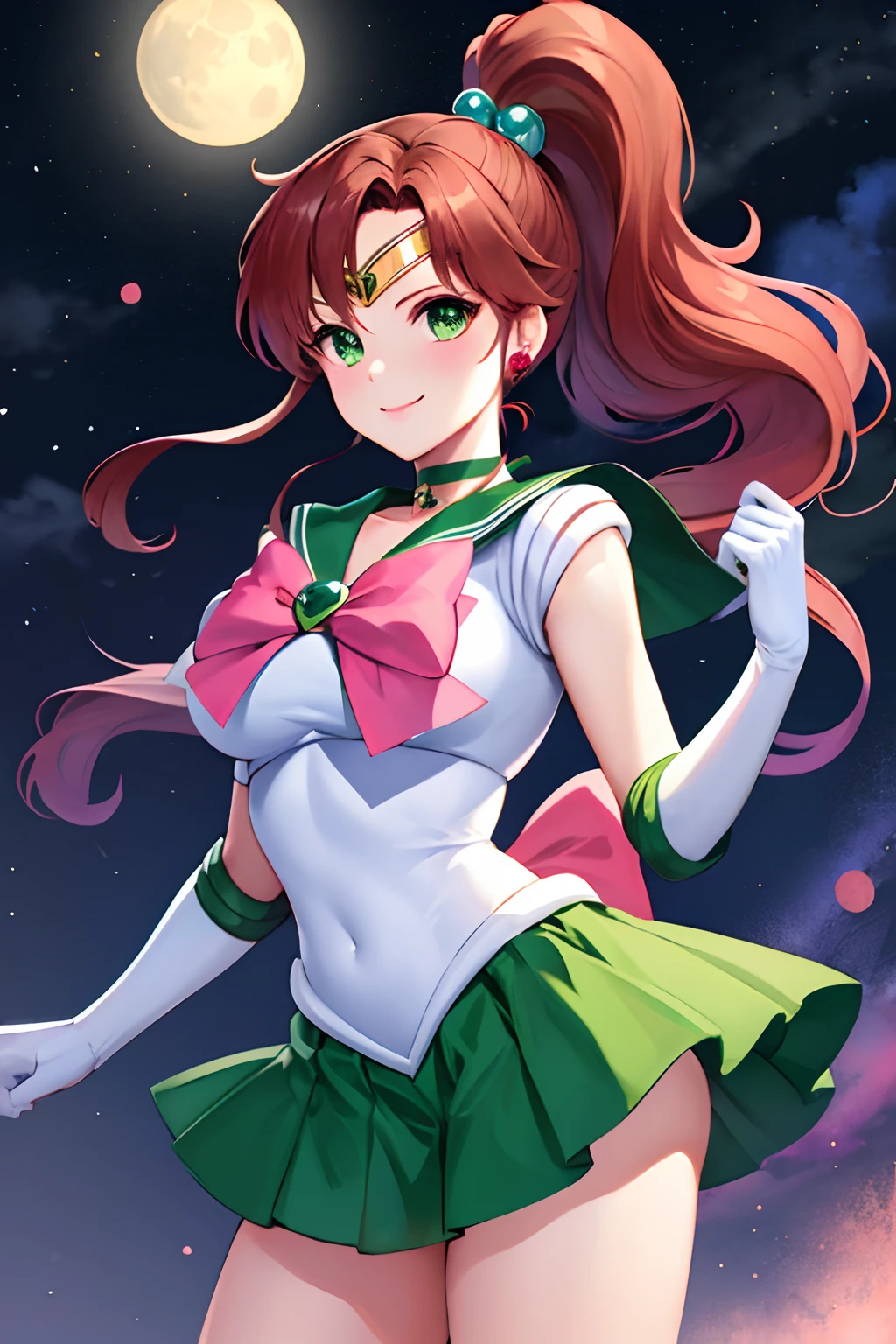 masterpiece, best quality, highres, hmjupiter, green eyes, ponytail, tiara, jewelry, sailor senshi uniform, green sailor collar, choker, elbow gloves, white gloves, pink bow, brooch, leotard, green skirt, cowboy shot, standing, night, moon, smile