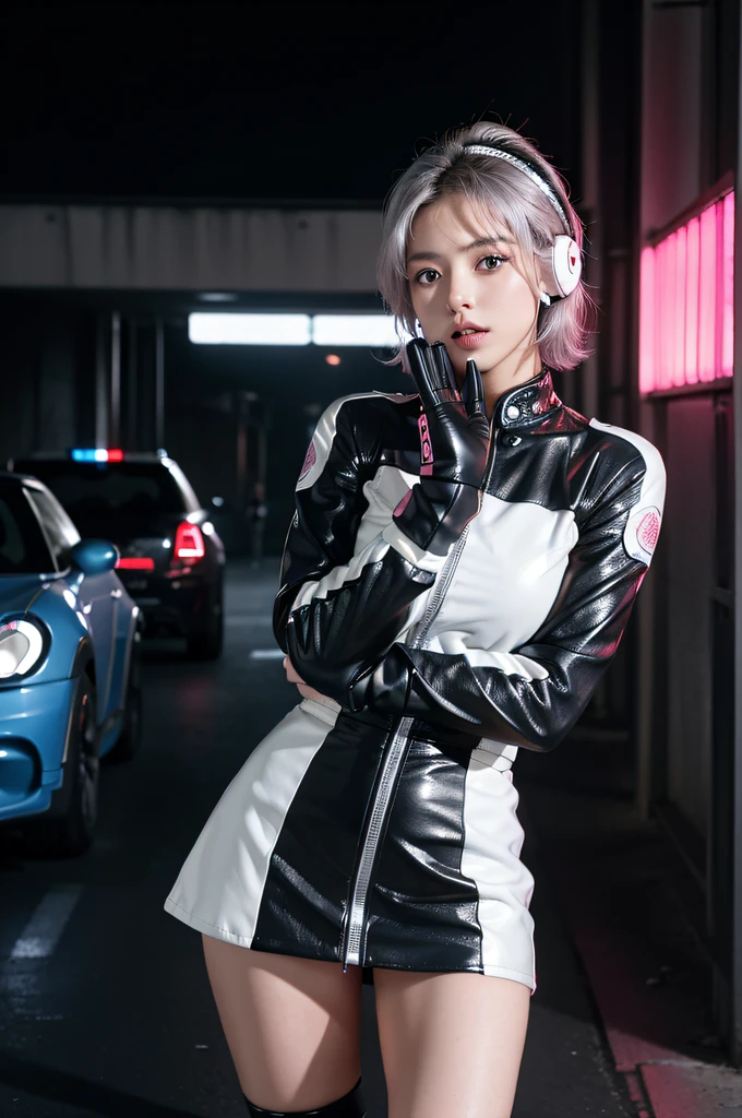 (Top Quality, Ultra High Definition, Photorealistic: 1.4), (cowboy shot:1), 1 Beautiful Girl, Detailed Face, (Hair Style gradation:Pink:0.6Silver:0.4, fullbang, shortbob-style:1), Combat pose, Contrapposto, Perfect Anatomy, Smooth Skin, Professional Lighting, (wear color white black silver),((wearing Futuristic Police Racing Suits, low-mini-skirt, police wappen, High-tech Headset, racing gloves, holding handguns with both hands)), (Cloths colors based on pink silver white black), (background, backstrage),