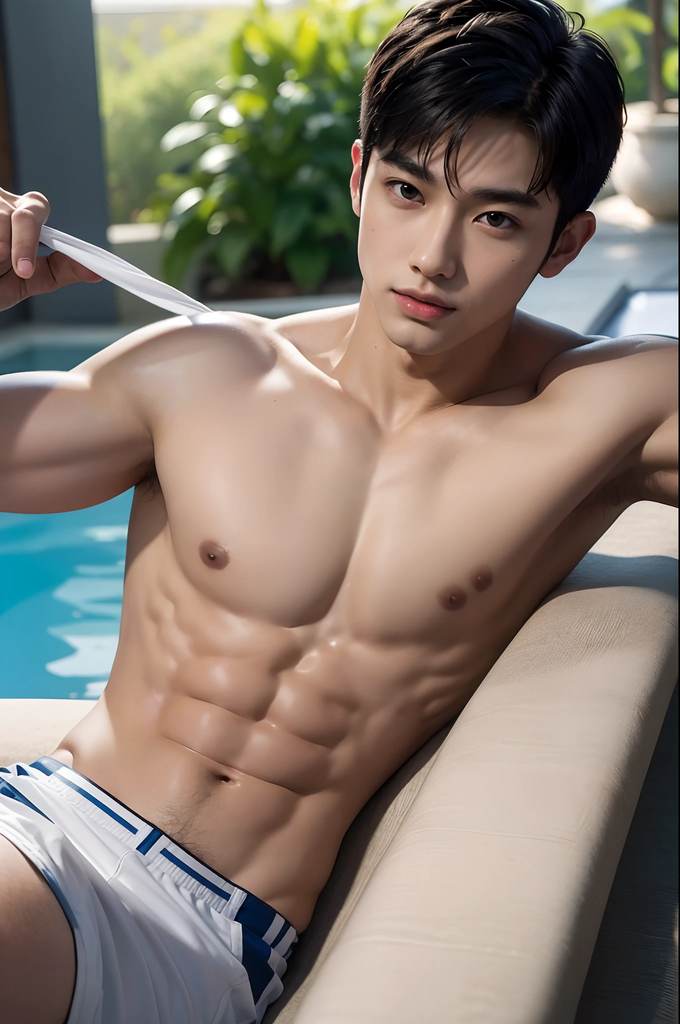 arafed boy in a white hip brief, look at camera, Full Body shoot, Pool, Casual Pose, prefect body, asian boy 19 years old, shirtless :: high detail, asian, six packs attractive body, realistic, human skin, (( Buzz Hairstyle))), Short Hairstyle, handsome chad chin, shirtless, handsome, attractive, sexy boy, Pubic hair, masculine, sexually attractive, human skin, (eyes contact), No Gay, Handsome, Attractive, huge bulge in hip brief, Not obvious muscle veins, Happy Expression,