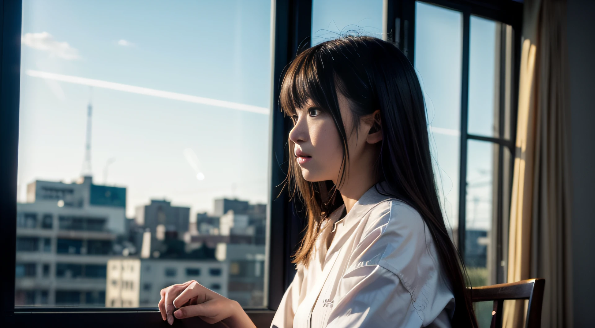 a picture、(Photorealsitic:1.4)、(hyper realisitic:1.4)、(Cinematic:1.5)、age woman、japanes、(Looking away:1.8)、(beautiful and delicate face)、(Don't look at the camera:2)、High School Classroom、Window seat、(Look outside)、desk、textbook、校服、Looking out the window、Dark blue tones、solitude、Aluminum sash、desk work、sitting on、desolate、