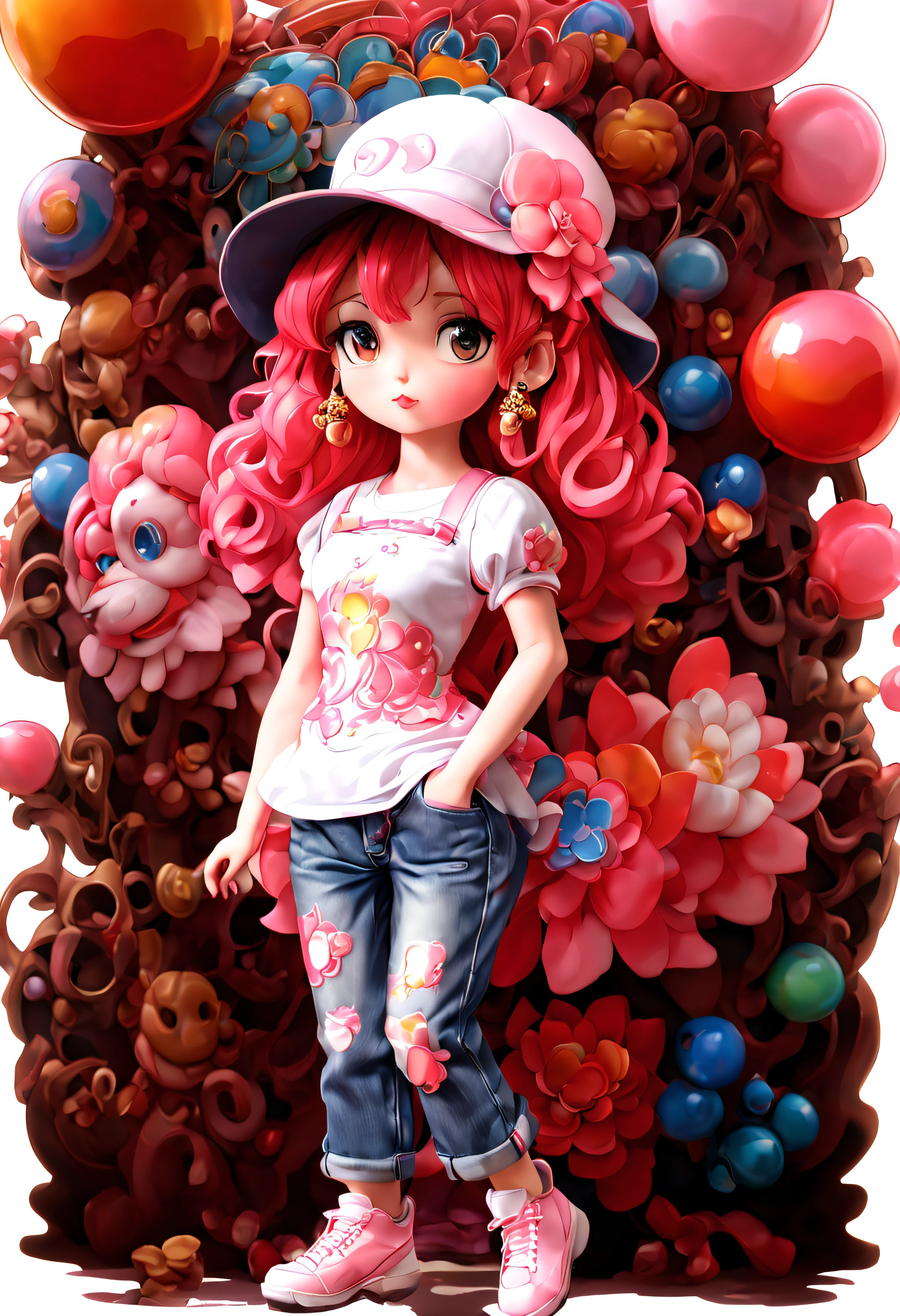 3D bubble mart style full body pink girl white top flower pattern jeans smoking doll in arcade --v5--q2--s750