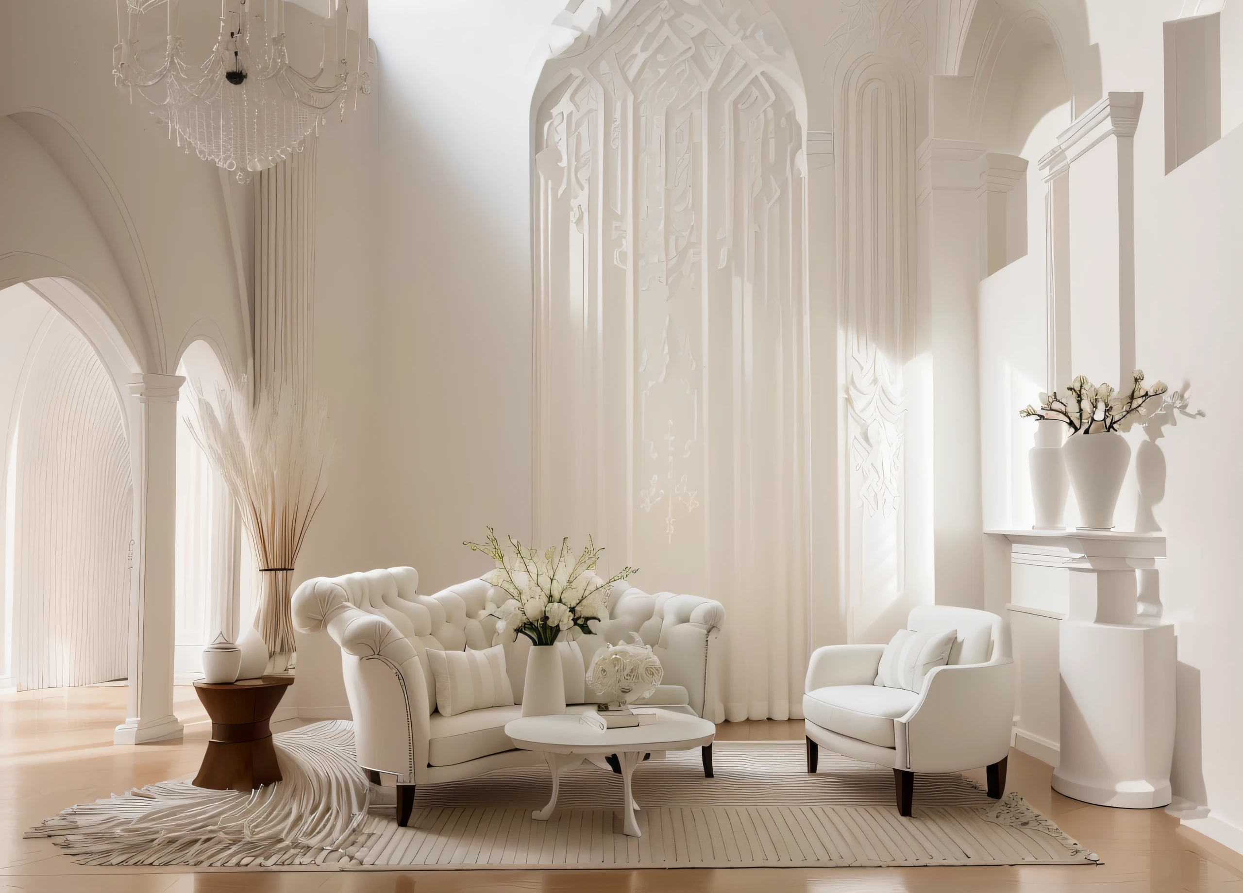 Allafed Room,Features a white sofa、Two chairs and a table, white sweeping arches, inspired by Ricardo Bofill, cream and white color scheme, all white render, White Room, White color scheme, cream - colored room, light cream and white colors, muted palette mostly white, Architectural Digest, A bright room, white furniture, minimalistic and beautiful, White tones