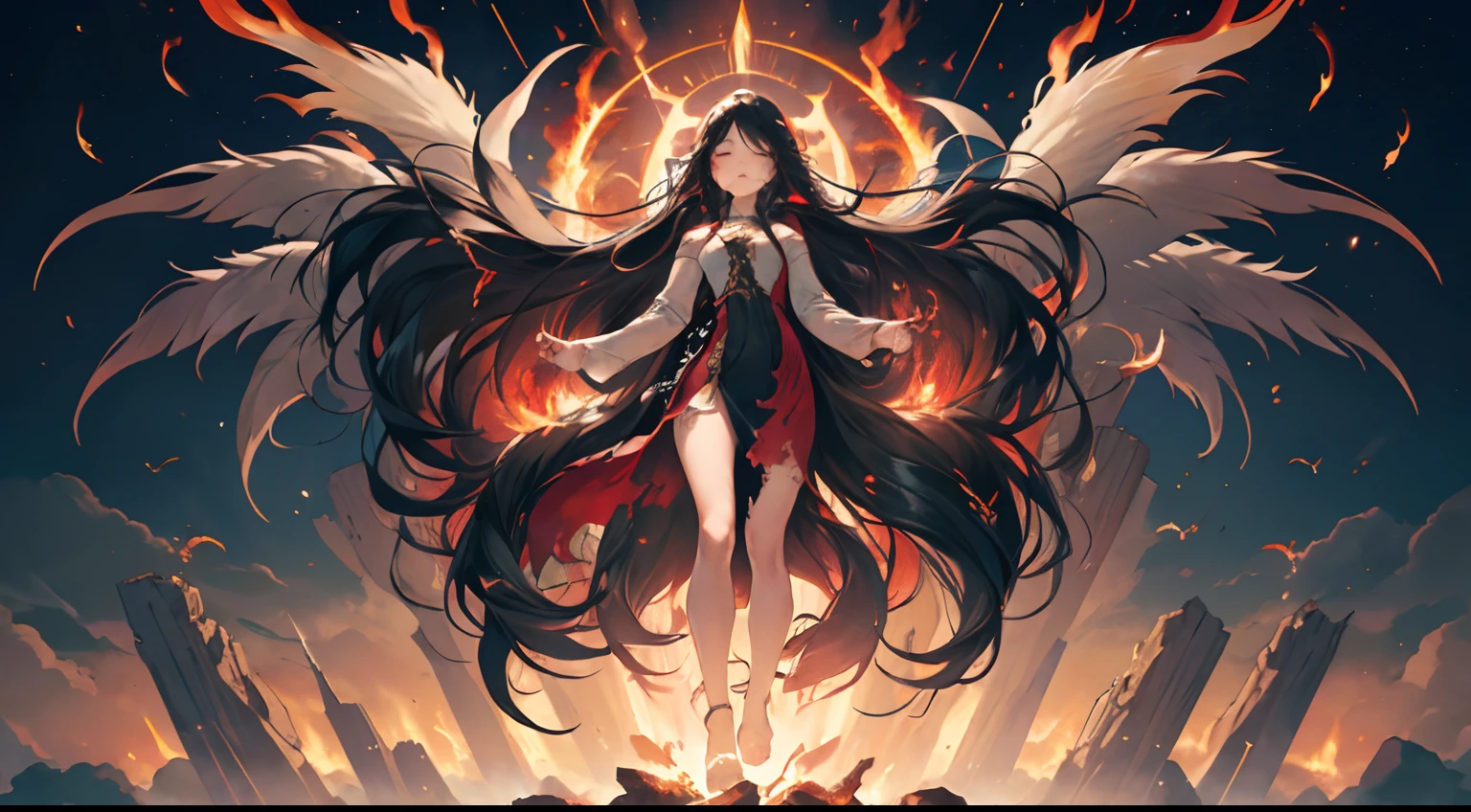 Rising Flash、Cracking Earth、Stand strong with your feet on the ground、Front power-up、Heroic proportions, body symmetrical anatomy,, Features of a symmetrical body, body meshes, slender symmetrical body, realistic body structure, Symmetrical body、Loss of fighting spirit、18yo woman、Long hair with red highlights on black hair、Hollow look、sleep、Close your eyes、Depiction of falling from heaven by gravity、long hair that is disheveled、Torn clothes、Soaring flames、Thunderbolt、Side Camera Angle、Falling