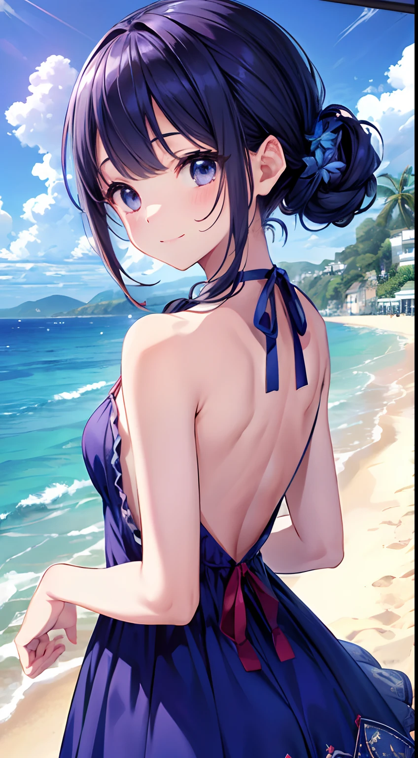 absurderes,(​masterpiece、top-quality、8K ),intricate detailes,ultra-detailliert、1 girl in、A smile、(Summer dress with open back :1.4),Looking back、Seaside Road、Summer sky、Sunburn marks、Hyper realistic,Perfect Anatomy, big but