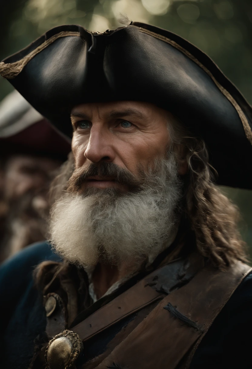 "A weathered and battle-hardened pirate, mid-40s, with a rugged beard, eye patch, and a tricorn hat adorned with tattered feathers. Deep wrinkles, scars, and sun-kissed skin tell the tales of a life at sea. The pirate's intense gaze pierces through the canvas, dramatic chiaroscuro lighting, intricate details, and a sense of adventure in the eyes. Realistic texture, 3:4 aspect ratio, Leica lens, Kodak Portra 800 film, golden hour ambiance --ar 3:4 --v 5 --q 1 --upbeta"