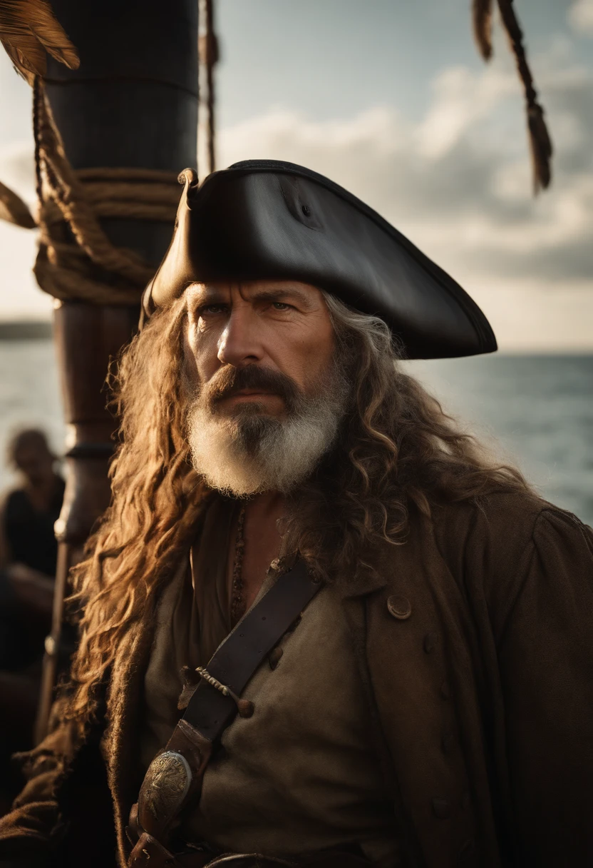 "A weathered and battle-hardened pirate, mid-40s, with a rugged beard, eye patch, and a tricorn hat adorned with tattered feathers. Deep wrinkles, scars, and sun-kissed skin tell the tales of a life at sea. The pirate's intense gaze pierces through the canvas, dramatic chiaroscuro lighting, intricate details, and a sense of adventure in the eyes. Realistic texture, 3:4 aspect ratio, Leica lens, Kodak Portra 800 film, golden hour ambiance --ar 3:4 --v 5 --q 1 --upbeta"