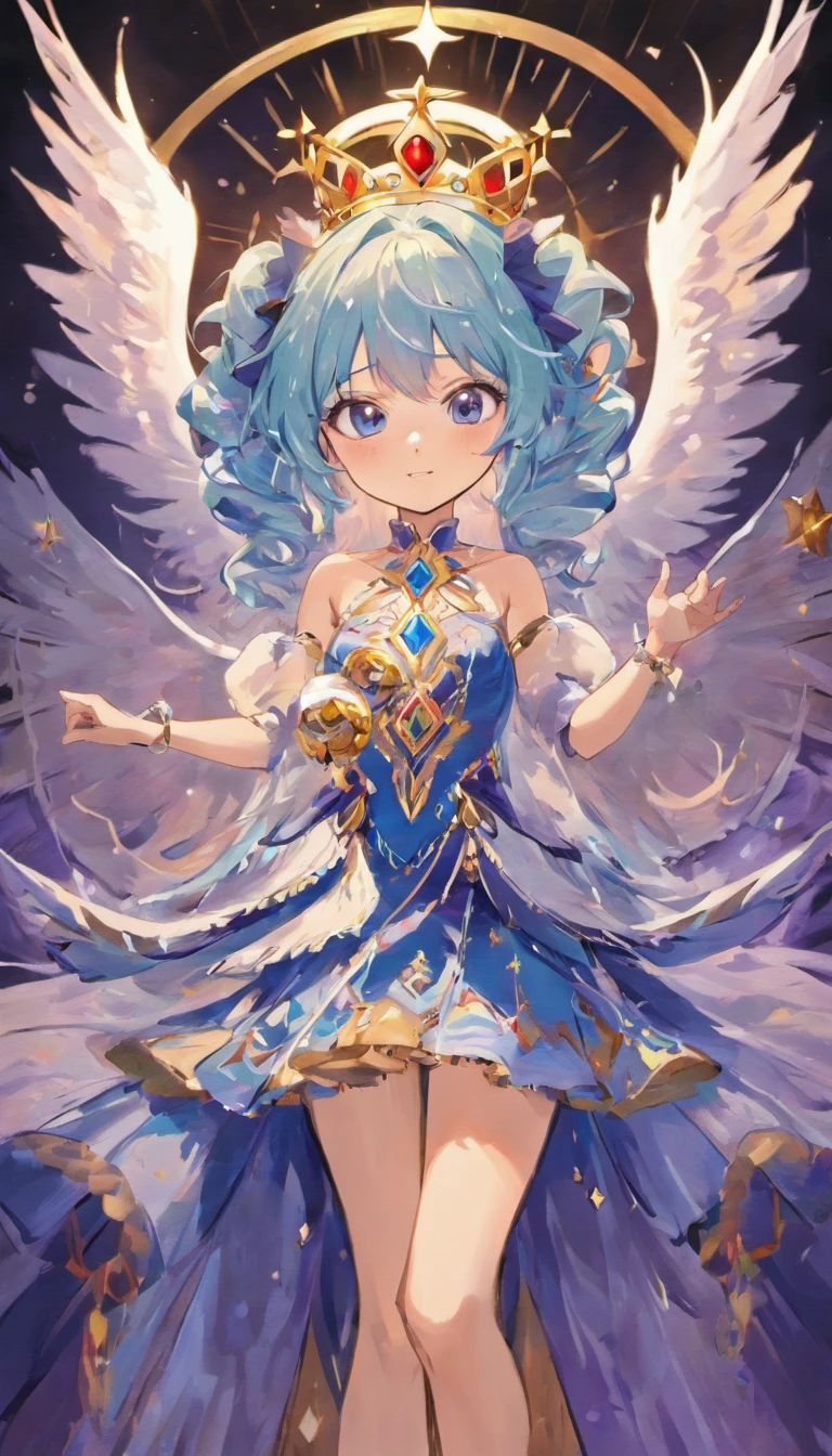 masutepiece, Best Quality, Beautiful, Brilliant and beautiful big angel wings on the back、Happy adult princess, long light blue hair, Wearing a flowing dress in rich shades of black and royal blue, Decorated with intricate patterns suggesting a connection to ancient magic, Reflection of her enigmatic nature, Smile confidentially, Wearing a jewel necklace, Magic Bracelet, Marvelous Crown, Works with a vivid texture, Purple pants,