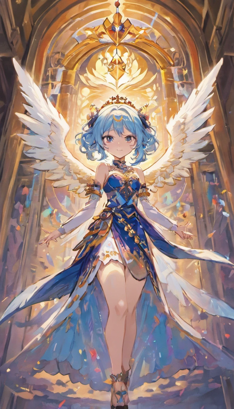 masutepiece, Best Quality, Beautiful, Brilliant and beautiful big angel wings on the back、Happy adult princess, long light blue hair, Wearing a flowing dress in rich shades of black and royal blue, Decorated with intricate patterns suggesting a connection to ancient magic, Reflection of her enigmatic nature, Smile confidentially, Wearing a jewel necklace, Magic Bracelet, Marvelous Crown, Works with a vivid texture, Purple pants,