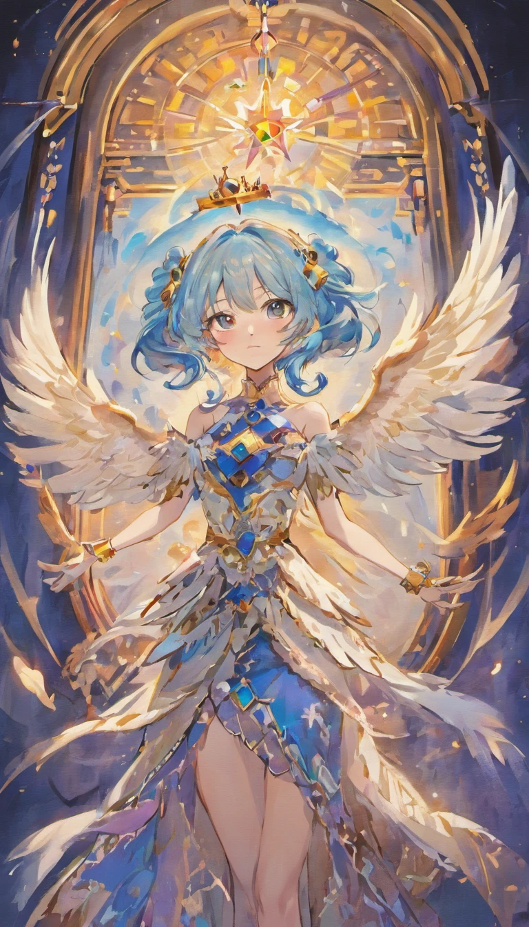 masutepiece, Best Quality, Beautiful, Brilliant and beautiful big angel wings on the back、Happy adult princess, long light blue hair, Wearing a flowing dress in rich shades of black and royal blue, Decorated with intricate patterns suggesting a connection to ancient magic, Reflection of her enigmatic nature, Smile confidentially, Wearing a jewel necklace, Magic Bracelet, Marvelous Crown, Works with a vivid texture, Purple pants,