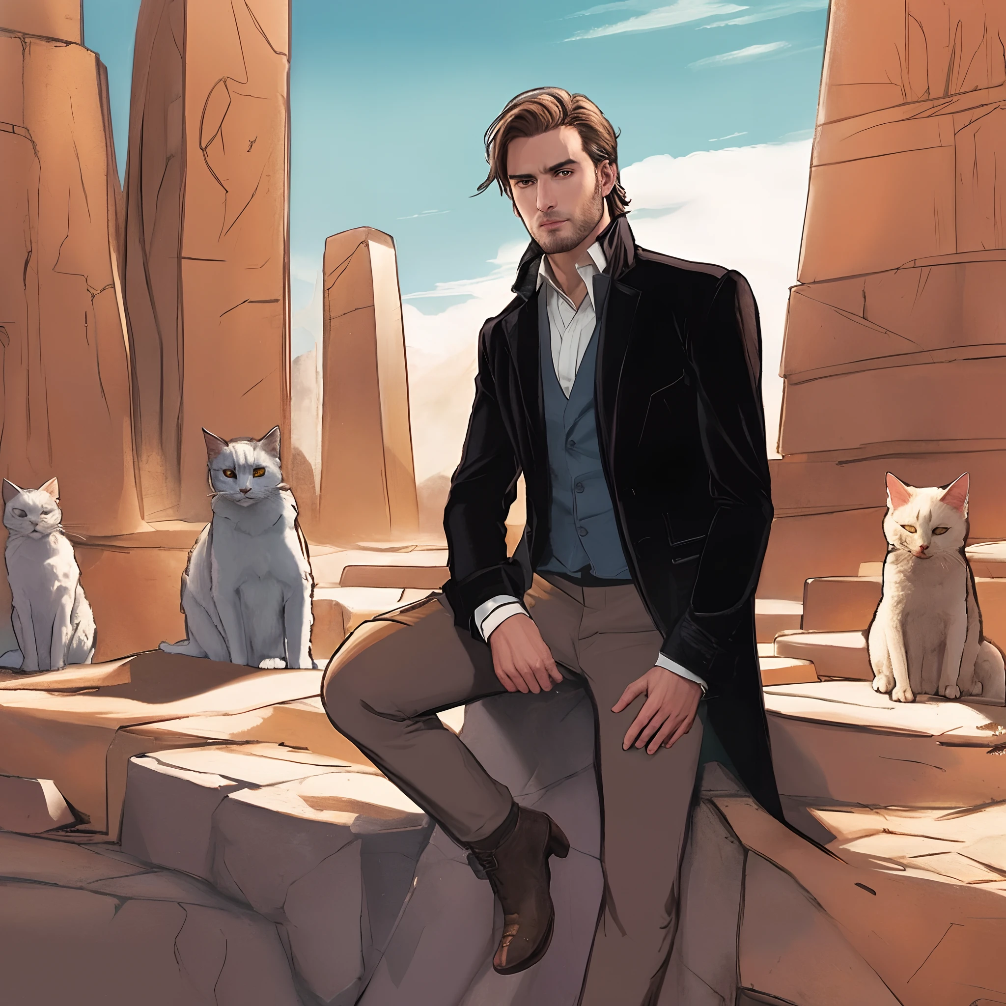 arafed image of a man sitting on a rock with cats, ozymandias, caleb from critical role, by Galen Dara, inspired by Jean-Léon Gérôme, clothed in ancient suit, joshua middleton comic cover art, handsome guy in demon slayer art, moebius + artgerm, edmund blair and charlie bowater