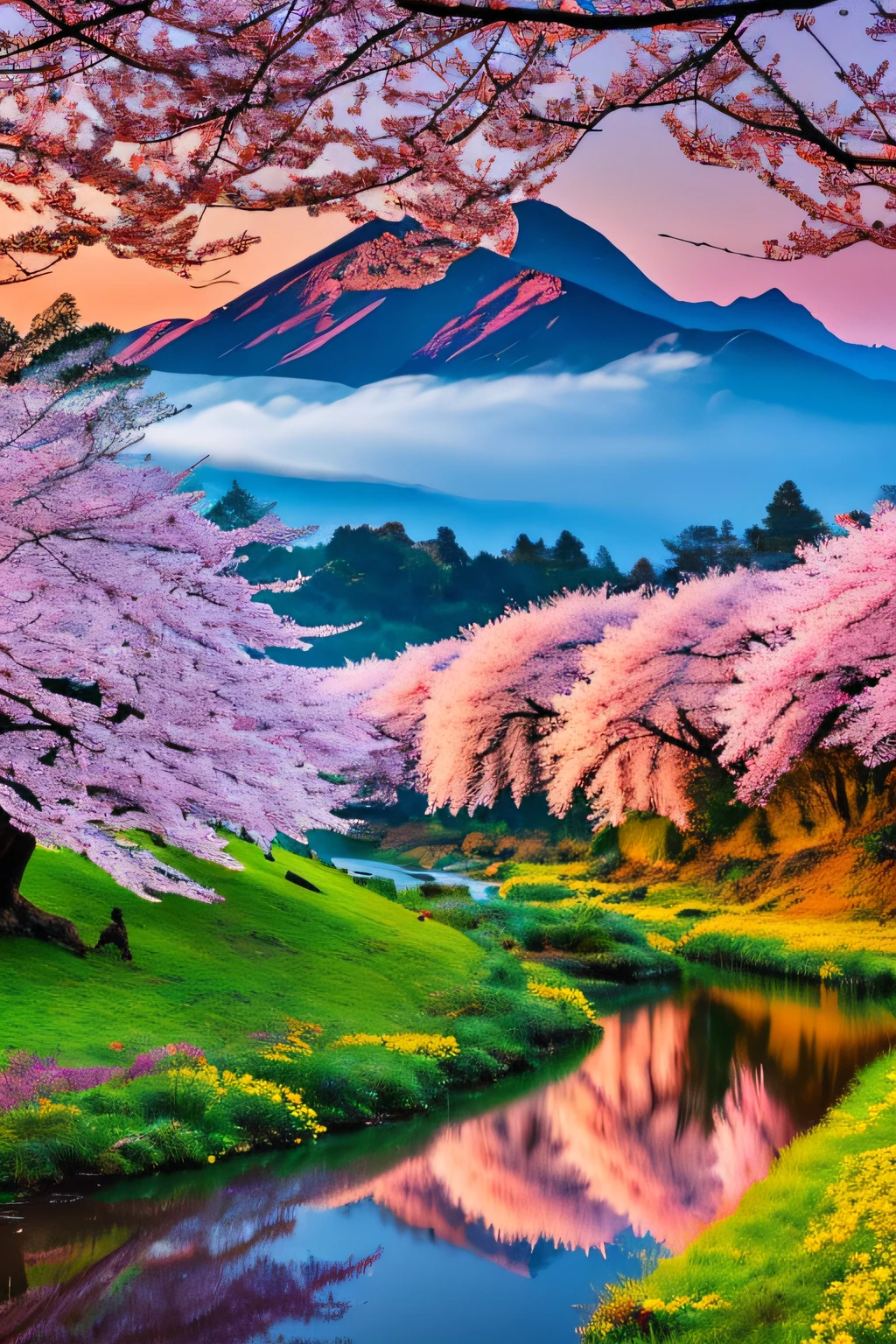 Deep forest, distant mountains, flying birds. Two-dimensional style, bright and vibrant, cherry blossoms cover the mountainside, the sunrise can be seen in the distance, a stream meanders, there are a few daffodils on the bank, the sunrise