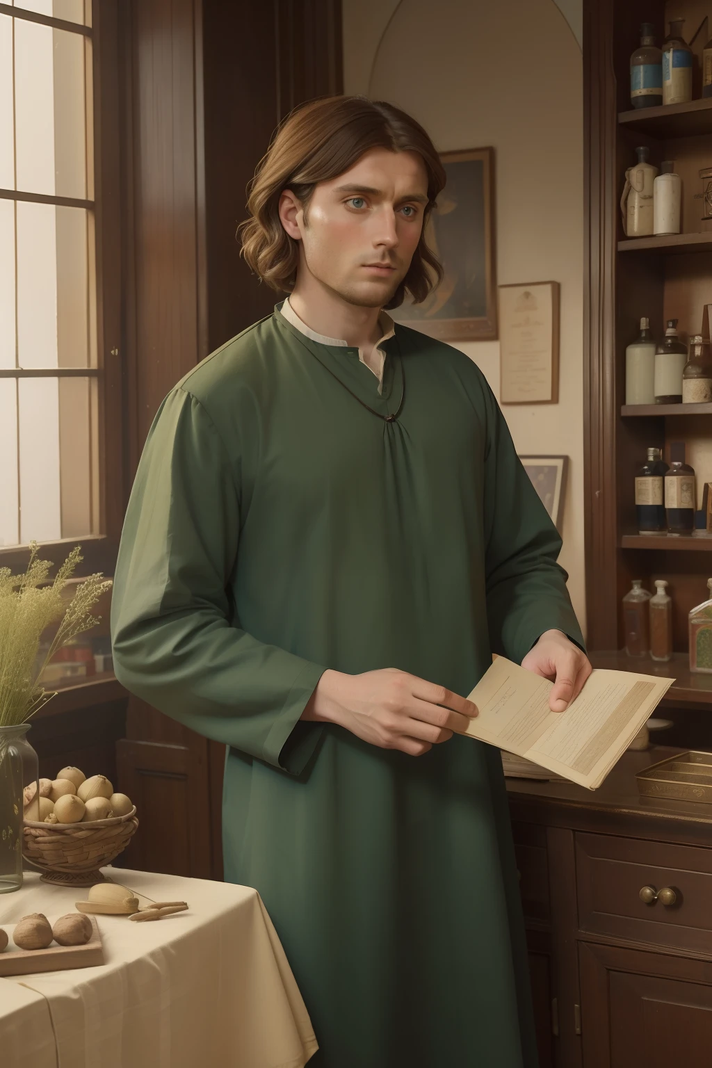 Year: 11th century. Location: London. Pre-raphaelite scene with a 31-year-old english man, physician, buying herbs in a drugstore, ((((11th century plain tunic)))) ((11th century hairstyle)), (((cinematic style)))
