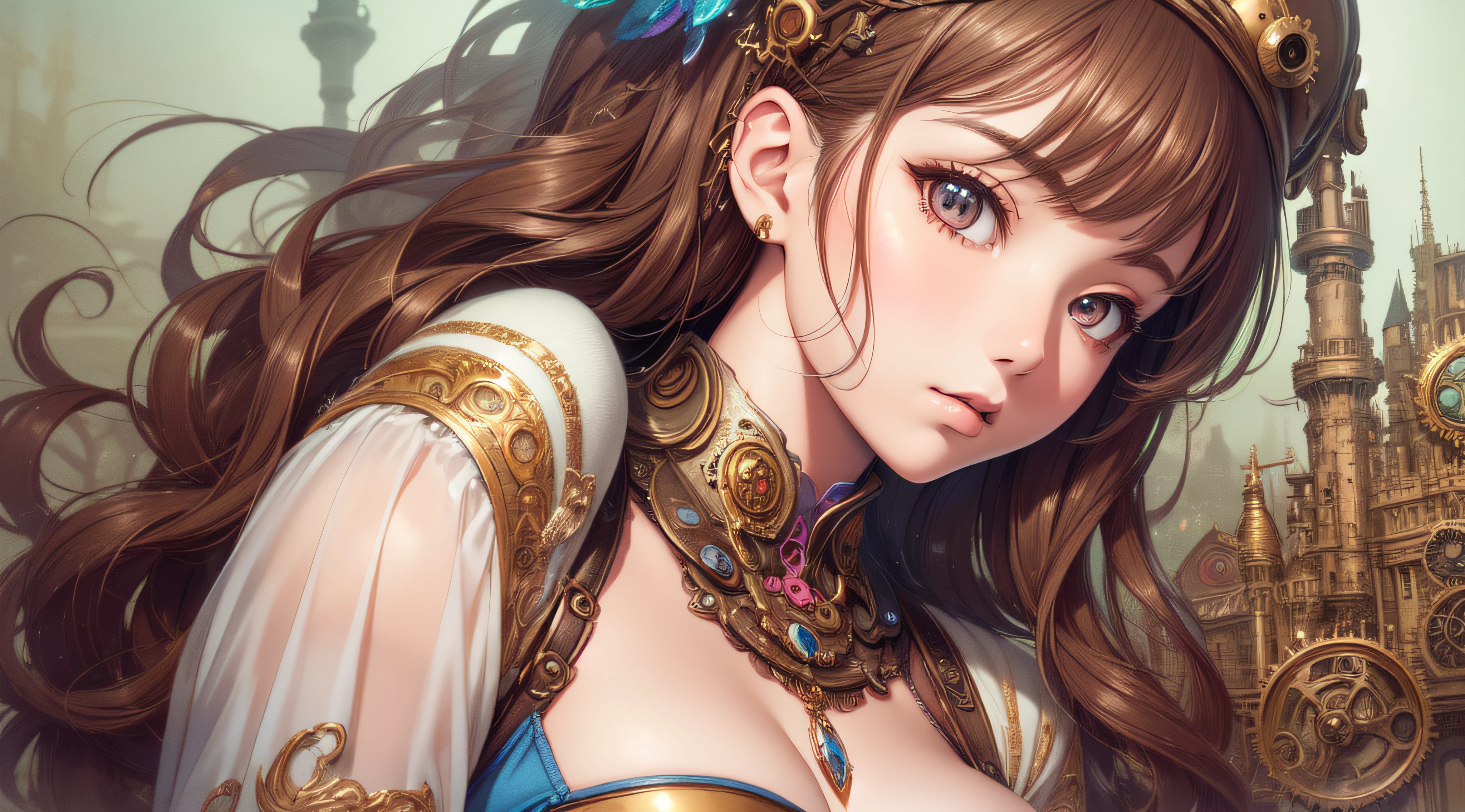 murata, range murata, steampunk, (((Masterpiece))), ((((Best quality)))), (((Ultra-detailed))), (CG illustration), ((Extremely delicate and beautiful)),(Cute and delicate face),Cinematic light,A beautiful woman, mature, long flowing rainbow hair, steampunk, head decoration, braided hair, delicate face, looking at the camera, steampunk bikini, excellent picture quality, 8k, ultra clear