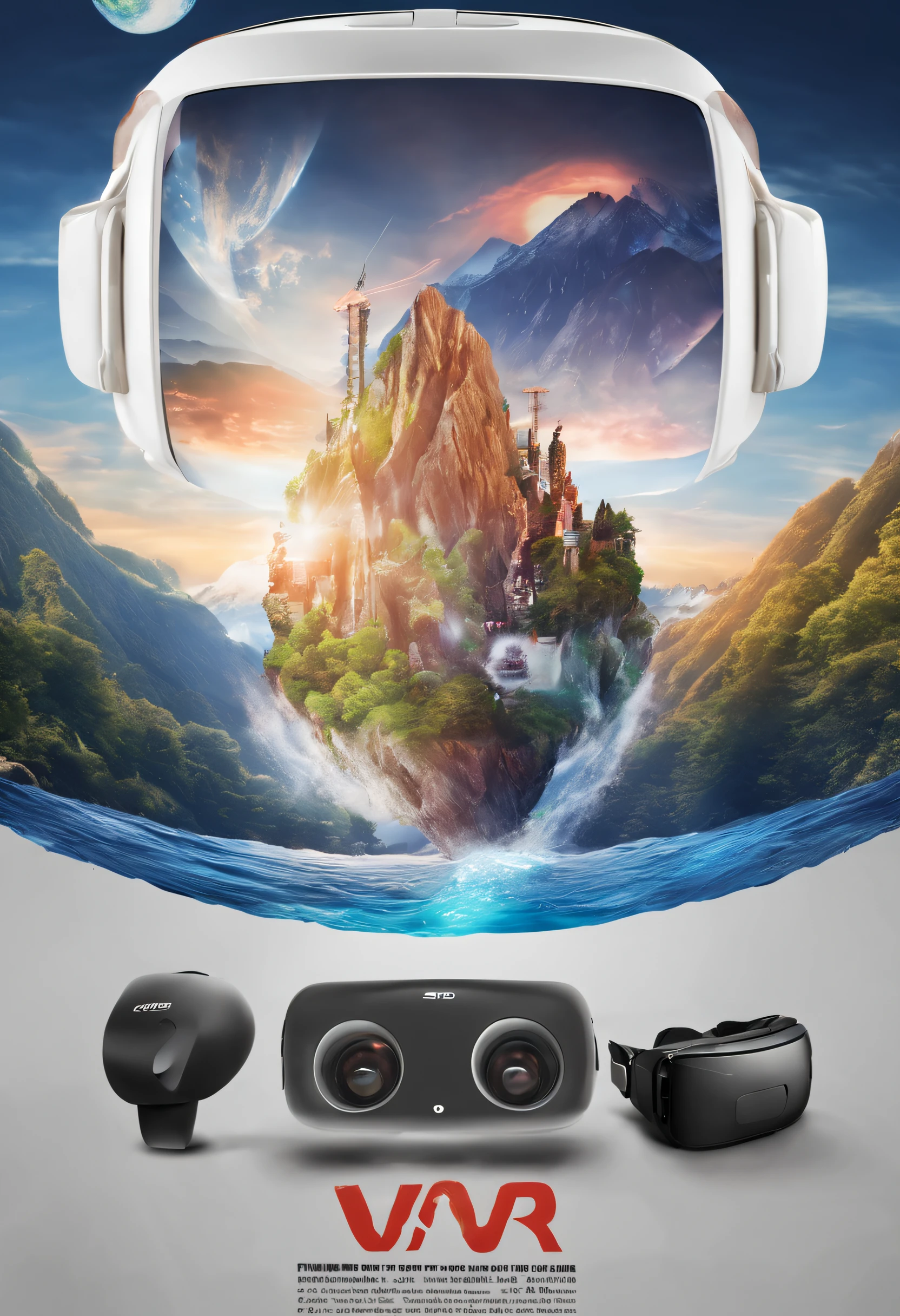 VR glasses promotional poster,VR National Tour,mountain water,Composite poster,It's about playing the world at home,Depth,high qulity,Realiy,hyper HD
