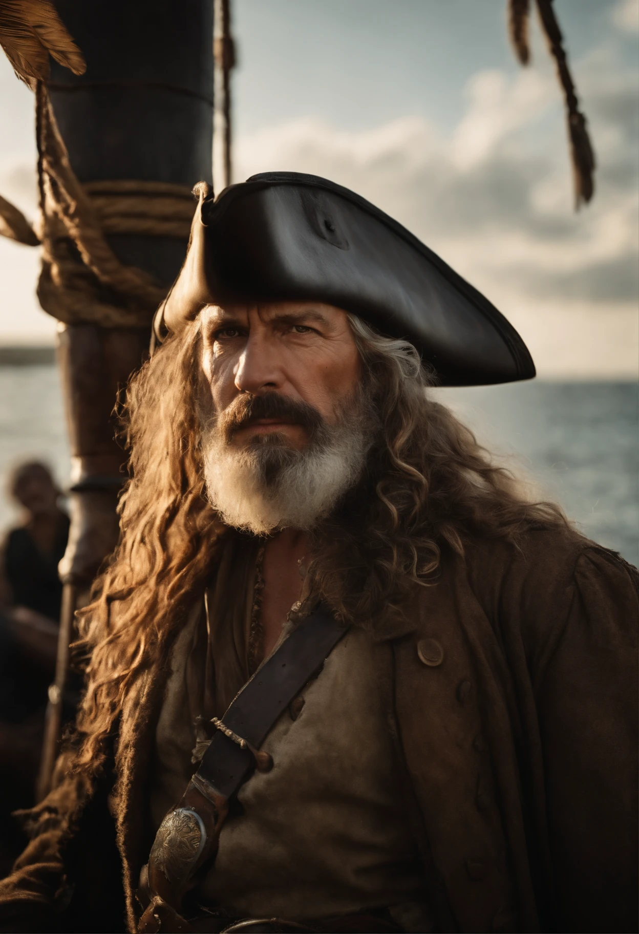 "A weathered and battle-hardened pirate, mid-40s, with a rugged beard, eye patch, and a tricorn hat adorned with tattered feathers. Deep wrinkles, scars, and sun-kissed skin tell the tales of a life at sea. The pirate's intense gaze pierces through the canvas, dramatic chiaroscuro lighting, intricate details, and a sense of adventure in the eyes. Realistic texture, 3:4 aspect ratio, Leica lens, Kodak Portra 800 film, golden hour ambiance --ar 3:4 --v 5 --q 1 --upbeta"