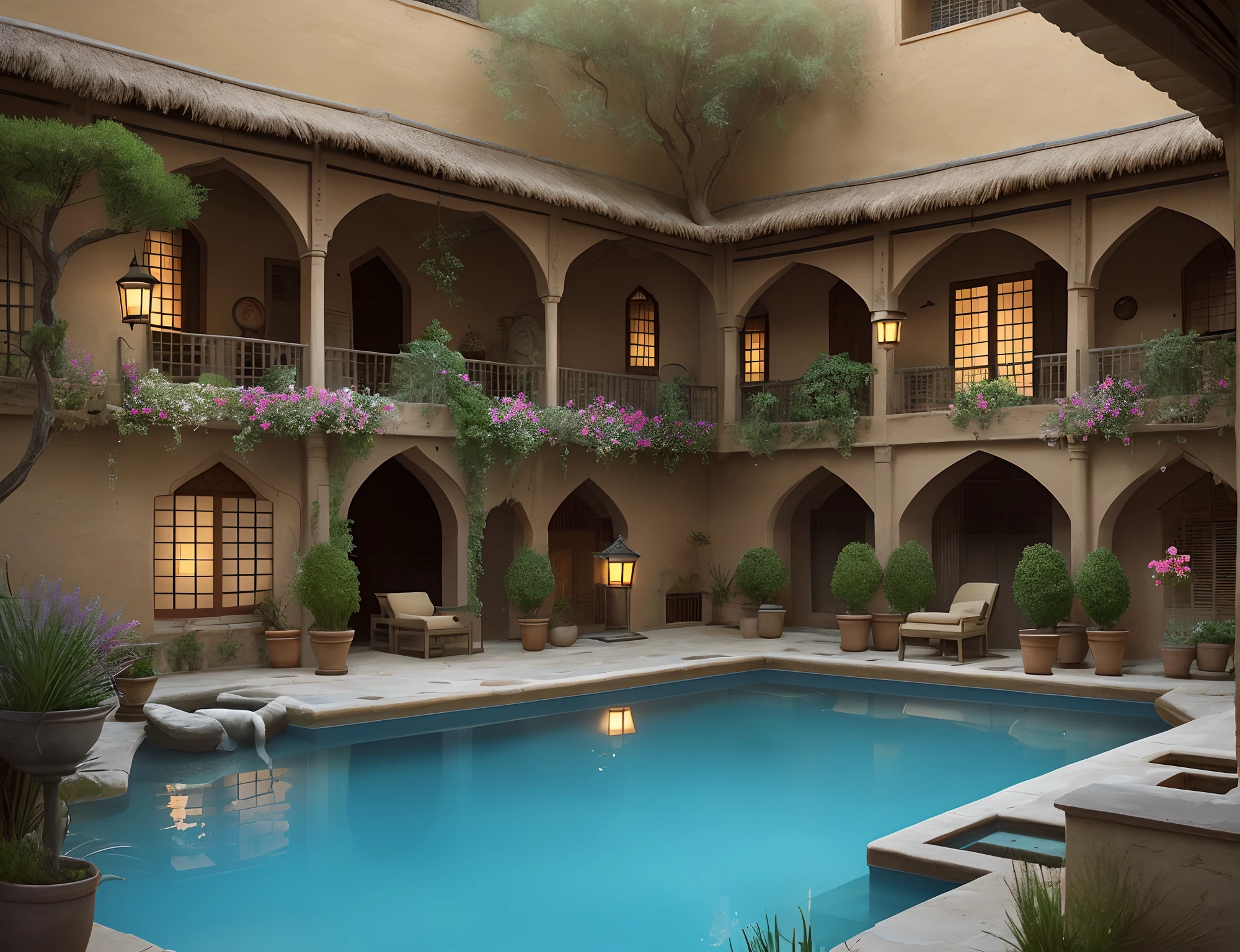 a courtyard in an old Iranian house with mudbrick walls. at night,  The house could be made of mudbrick, with a thatched roof In the center of the courtyard is a circular pool of water. starry night,   lantern are illuminated the yard, On the walls of the pool are small pots of flowers. The flowers in the pots are in bloom, Inside the pool, several red fish swim. The cat is sitting on the edge of the pool, its tail curled around its paws. It is looking into the pool, watching the fish swim. Around the courtyard is a garden of flowers