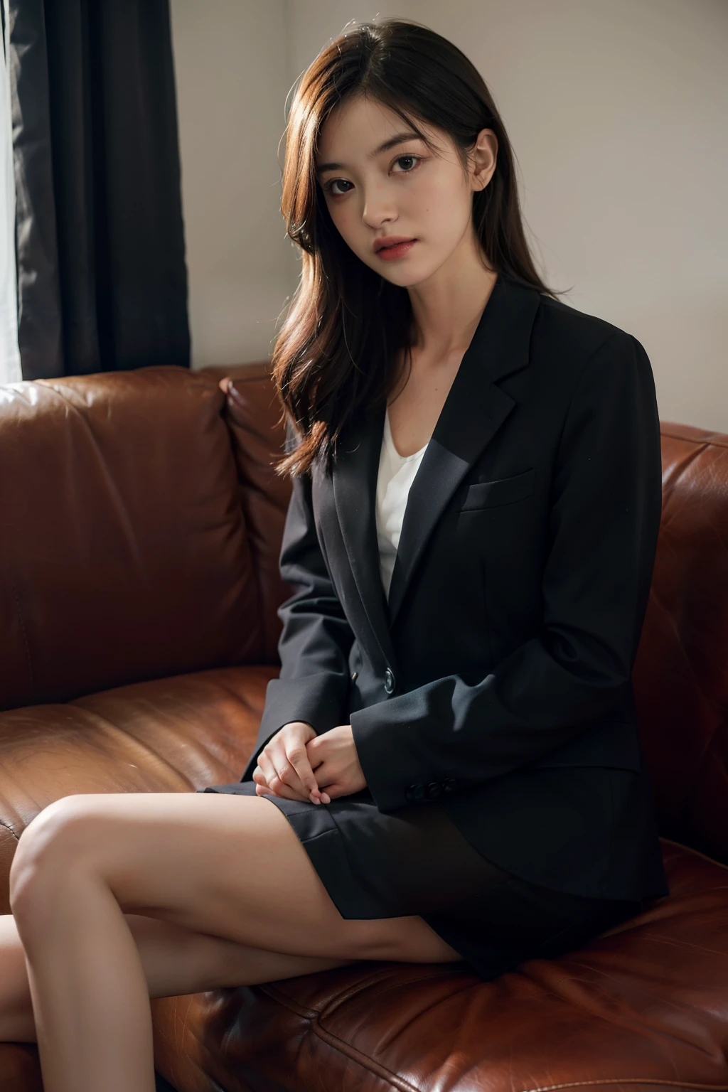 1girl in,Sitting on a cozy sofa,cross one's legs,Soft light,black suits,a short skirt